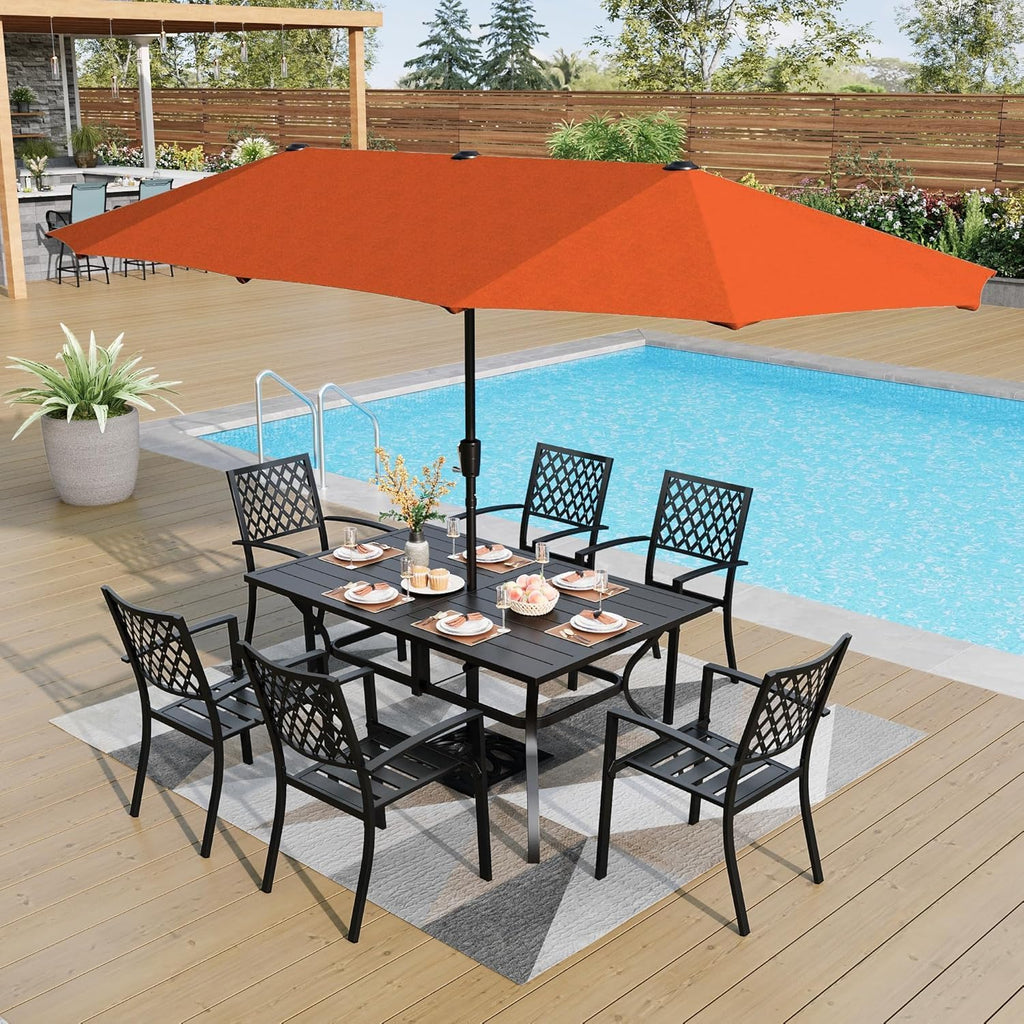 PHI VILLA 7 Pieces Outdoor Dining Set for 6, 60' Rectangular Metal Table with Umbrella Hole & Stackable Black Wrought Iron Chairs, Large Outside Furniture for Patio, Deck, Backyard, Porch