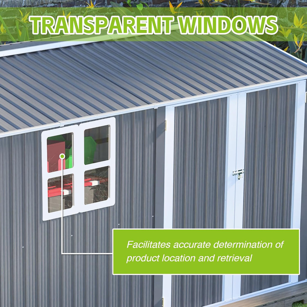 8x12 FT Outdoor Metal Storage Shed with Window & Floor Frame, Lockable Double Doors, Weatherproof Steel Tool Shed for Garden, Backyard, Lawn Equipment, and Patio Storage