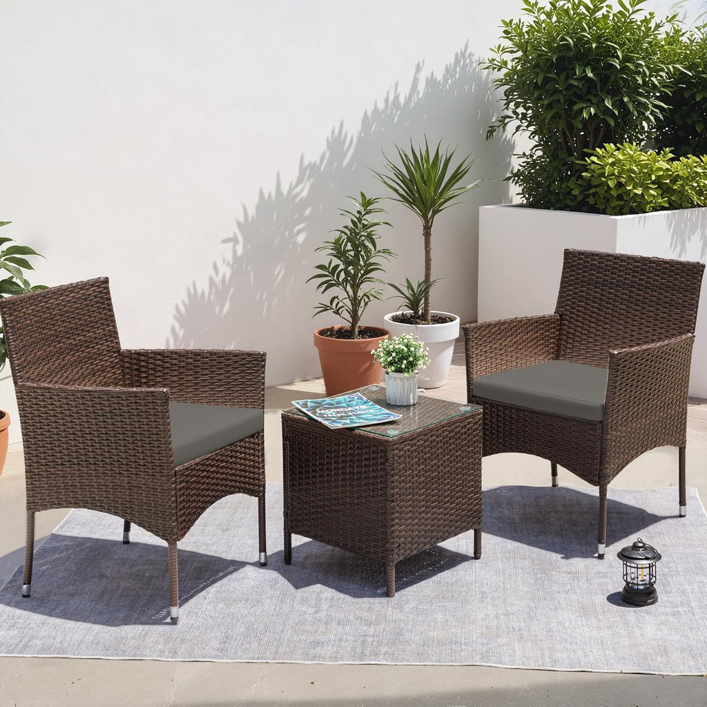 Greesum 3 Pieces Patio Dining PE Rattan Wicker Chair Furniture Set with Cushion and Glass Coffee Table for Outdoor Garden Backyard Poolside, Brown and Grey