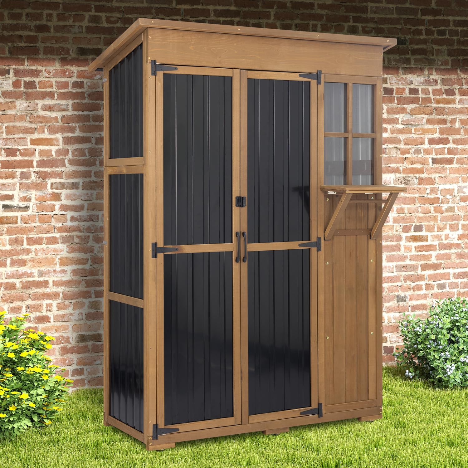 51' L Outdoor Storage Cabinet Waterproof with Shelves, Outside Storage Shed Backyard Tall Cabinet with Fold-Out Table for Patio, Garage, Garden, Pool Accessories Storage