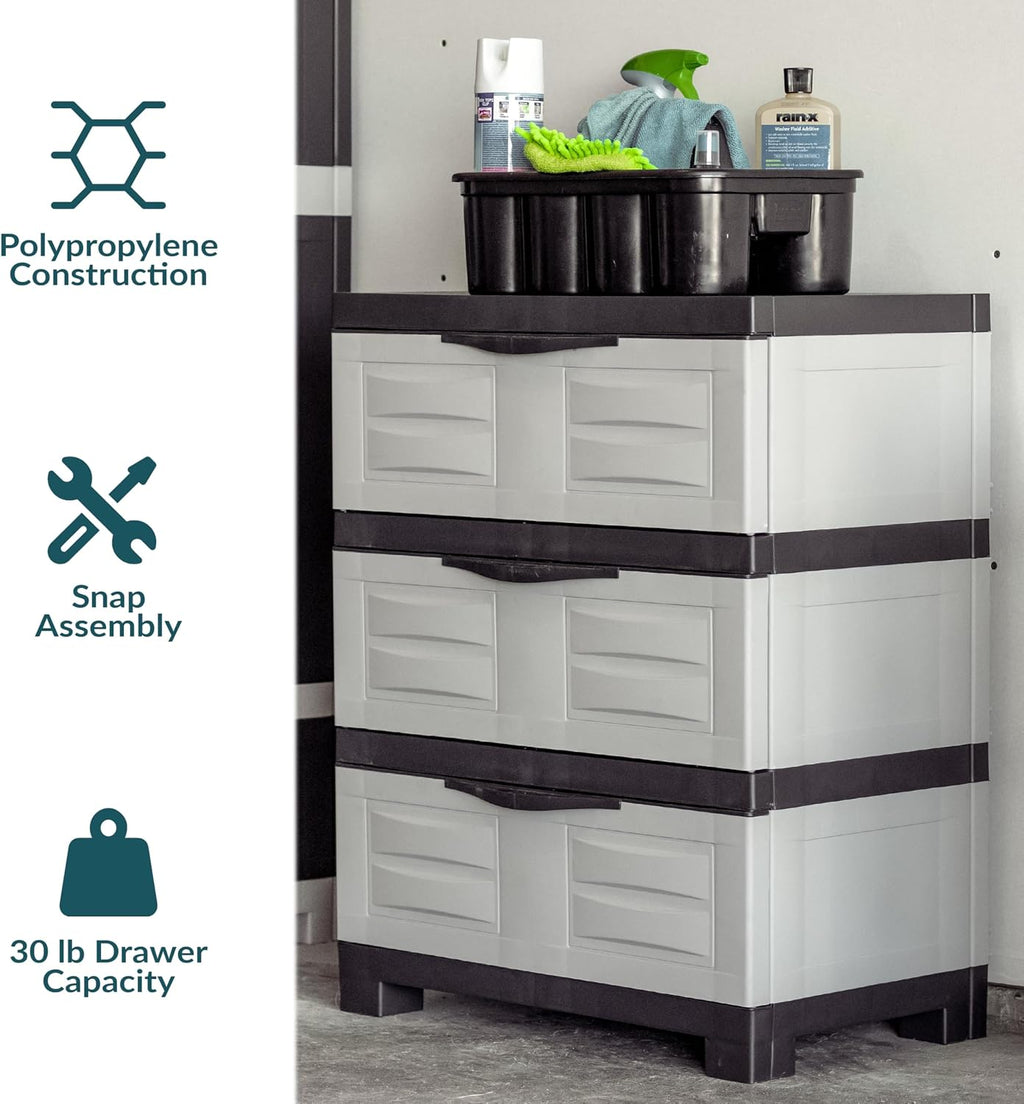 Sunnydaze 29.5' H 3-Tier Storage Cabinet with Drawers - Resin Storage Drawers Organizer - for Garage, Office, Home, Laundry Room - Gray w/Charcoal Trim