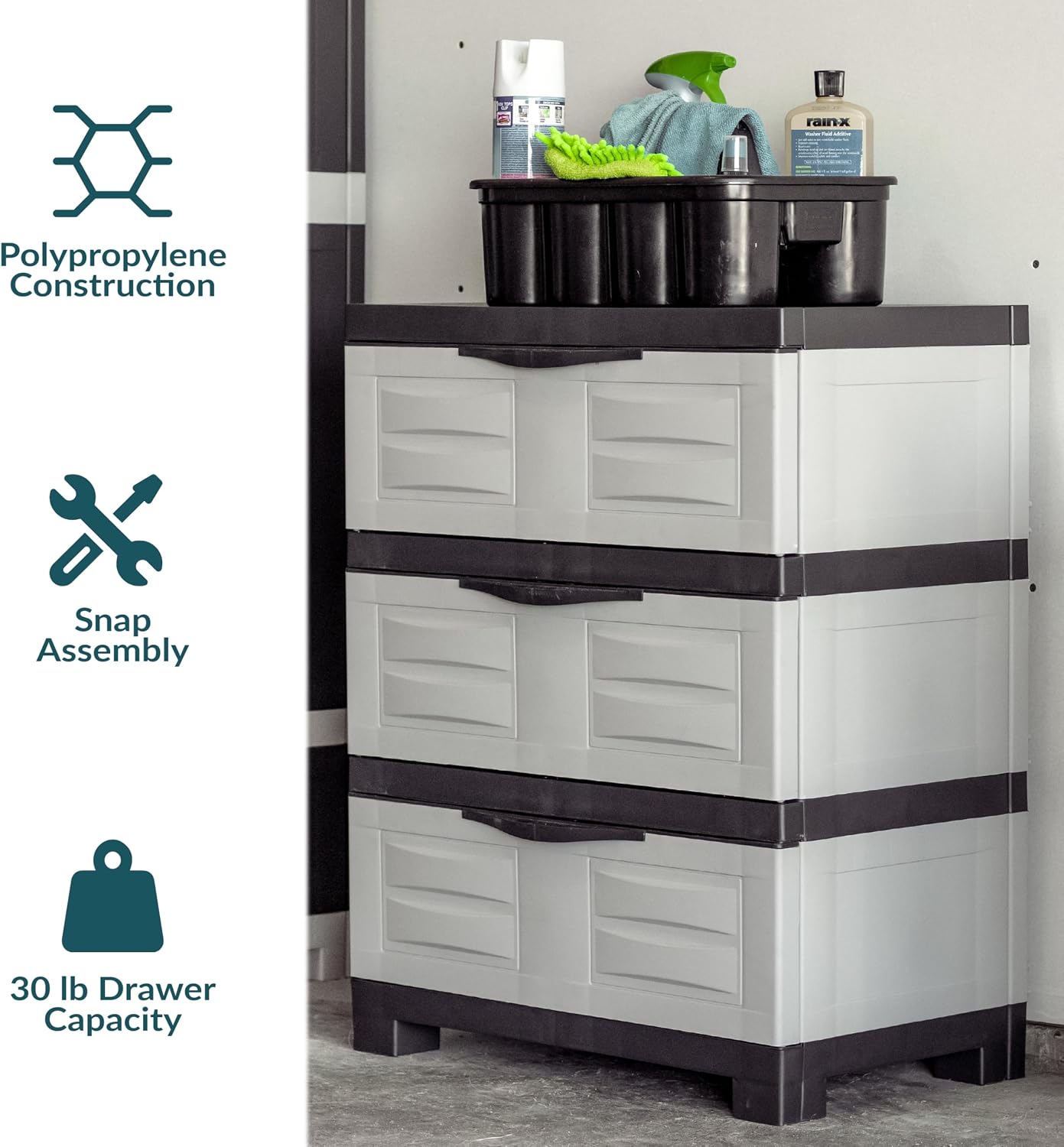 Sunnydaze 29.5' H 3-Tier Storage Cabinet with Drawers - Resin Storage Drawers Organizer - for Garage, Office, Home, Laundry Room - Gray w/Charcoal Trim