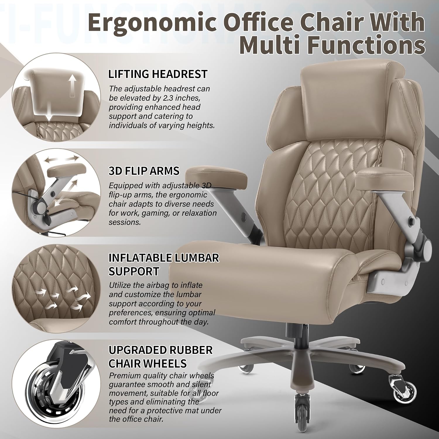 Big and Tall Office Chair 700lbs - Adjustable Headrest&Lumbar Support, 3D Flip Arms, Large Wheels &Heavy Duty Metal Base, Ergonomic High Back Computer Chair Desk Chair, Thick Padded Extra Wide Seat