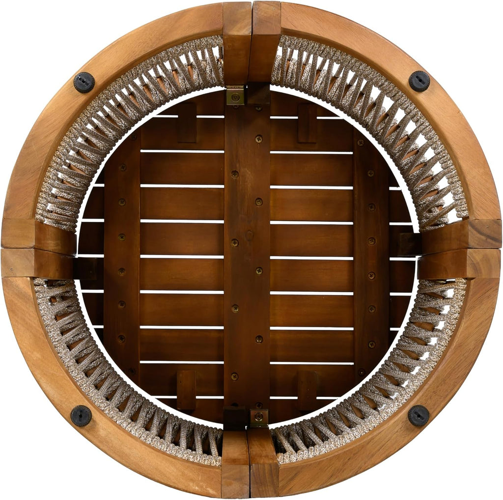 Christopher Knight Home Viktor Acacia Wood Outdoor Side Table, Patio Round Coffee Table with Woven Rope Accents, Table for Patio Furniture Set, Elegant Slatted Design, Weather-Resistant, Teak