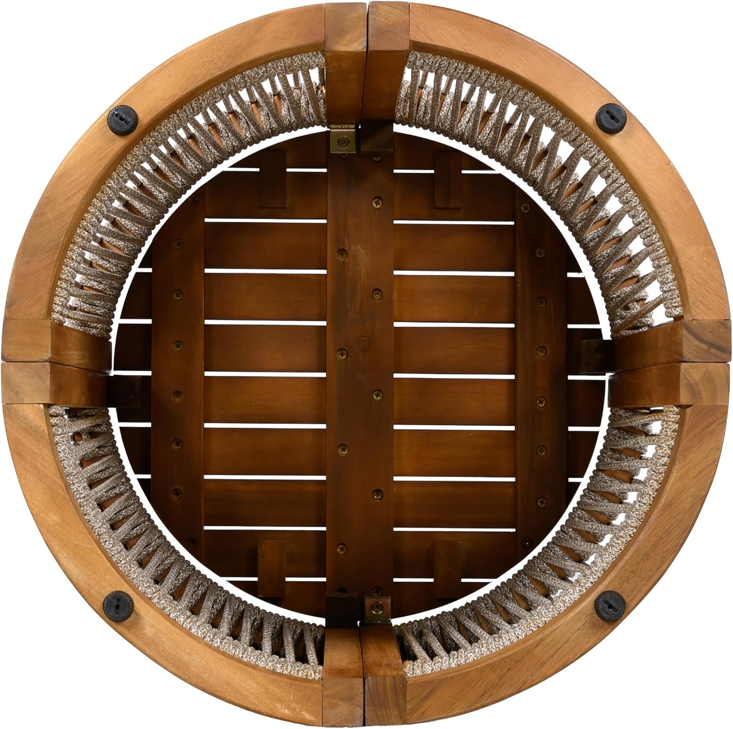 Christopher Knight Home Viktor Acacia Wood Outdoor Side Table, Patio Round Coffee Table with Woven Rope Accents, Table for Patio Furniture Set, Elegant Slatted Design, Weather-Resistant, Teak