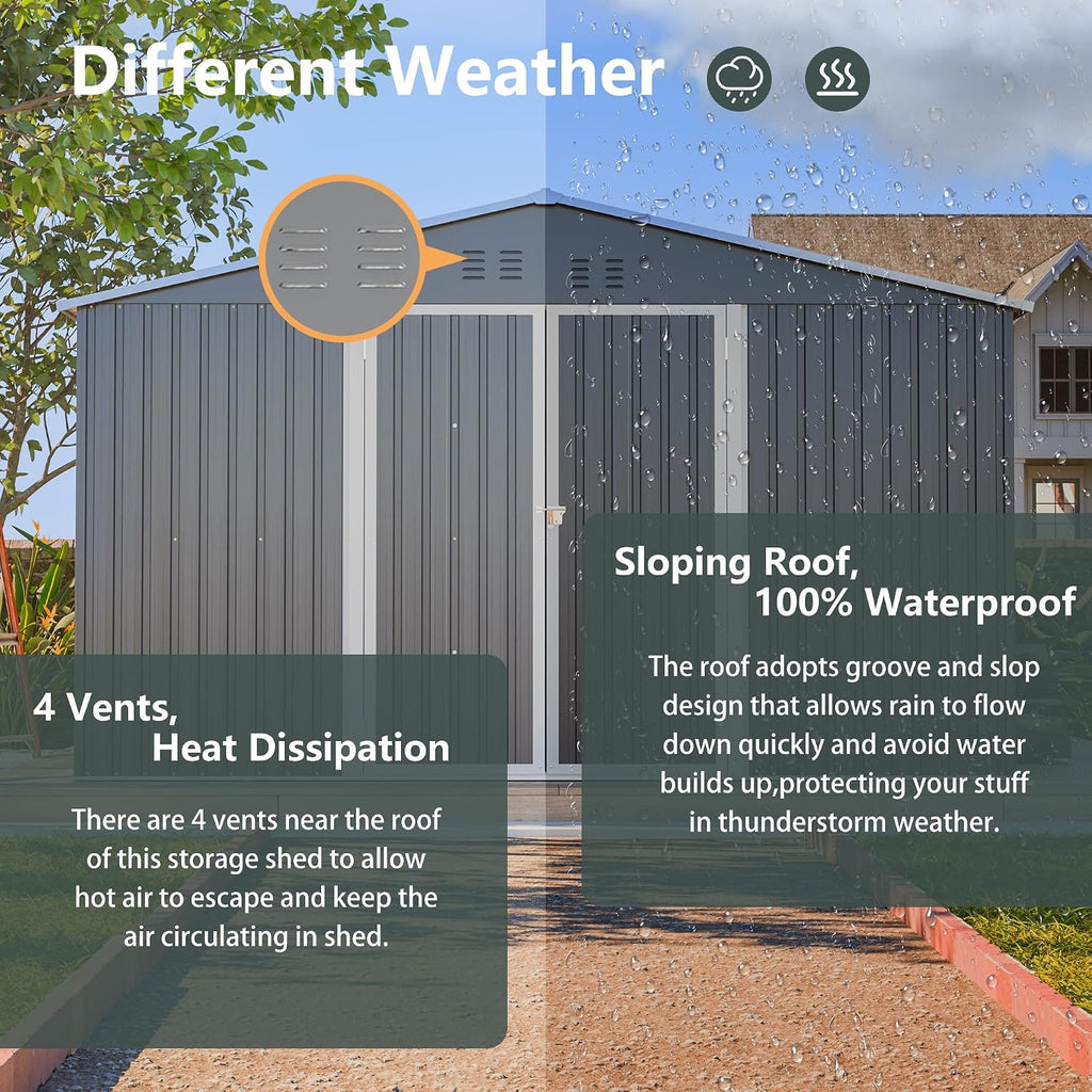11x13FT Outdoor Storage Sheds with Floor Frame& Lockable Doors Garden Metal Shed Waterproof Galvanized Steel Tool Shed with Air Vents Sloping Roof Ideal for Backyard Patio Lawn Gray