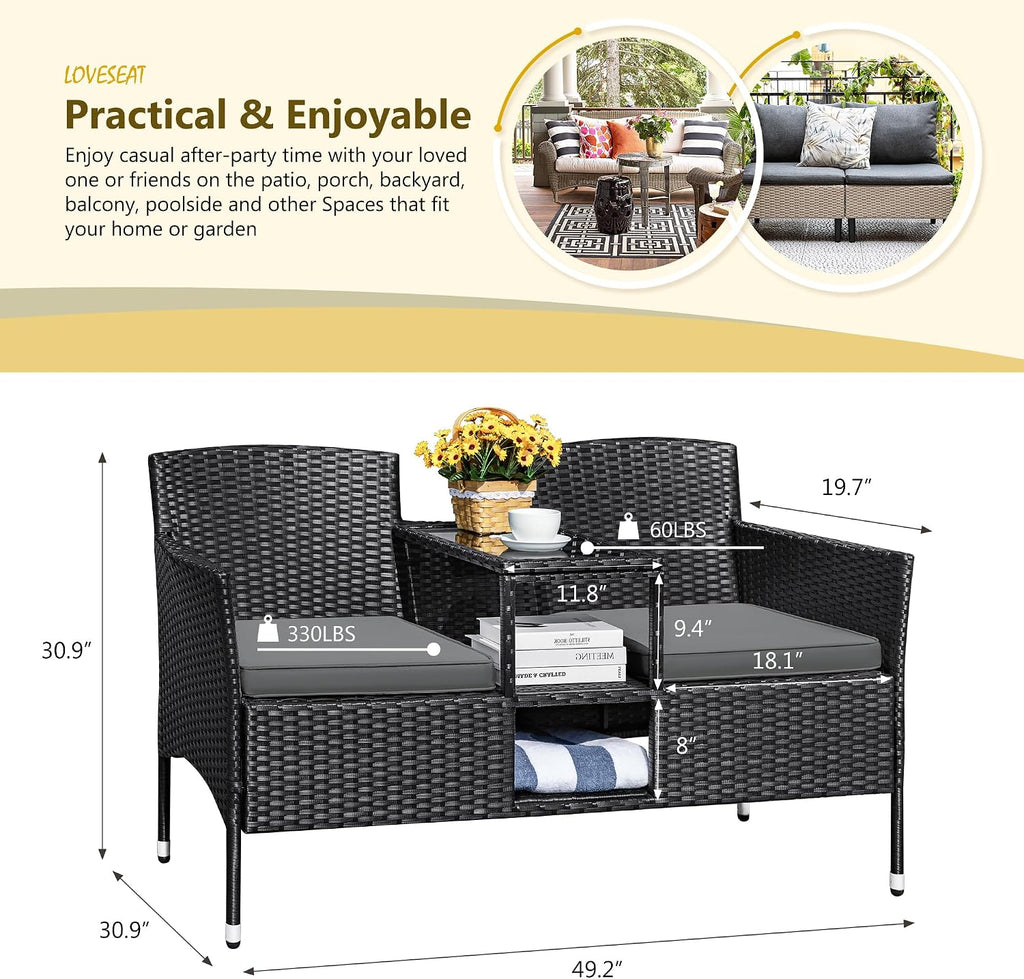 Devoko Outdoor Patio Loveseat Modern Rattan 2-Seat Patio Conversation Set with Cushions & Built-in Coffee Table Porch Furniture for Garden Lawn Backyard (Grey)
