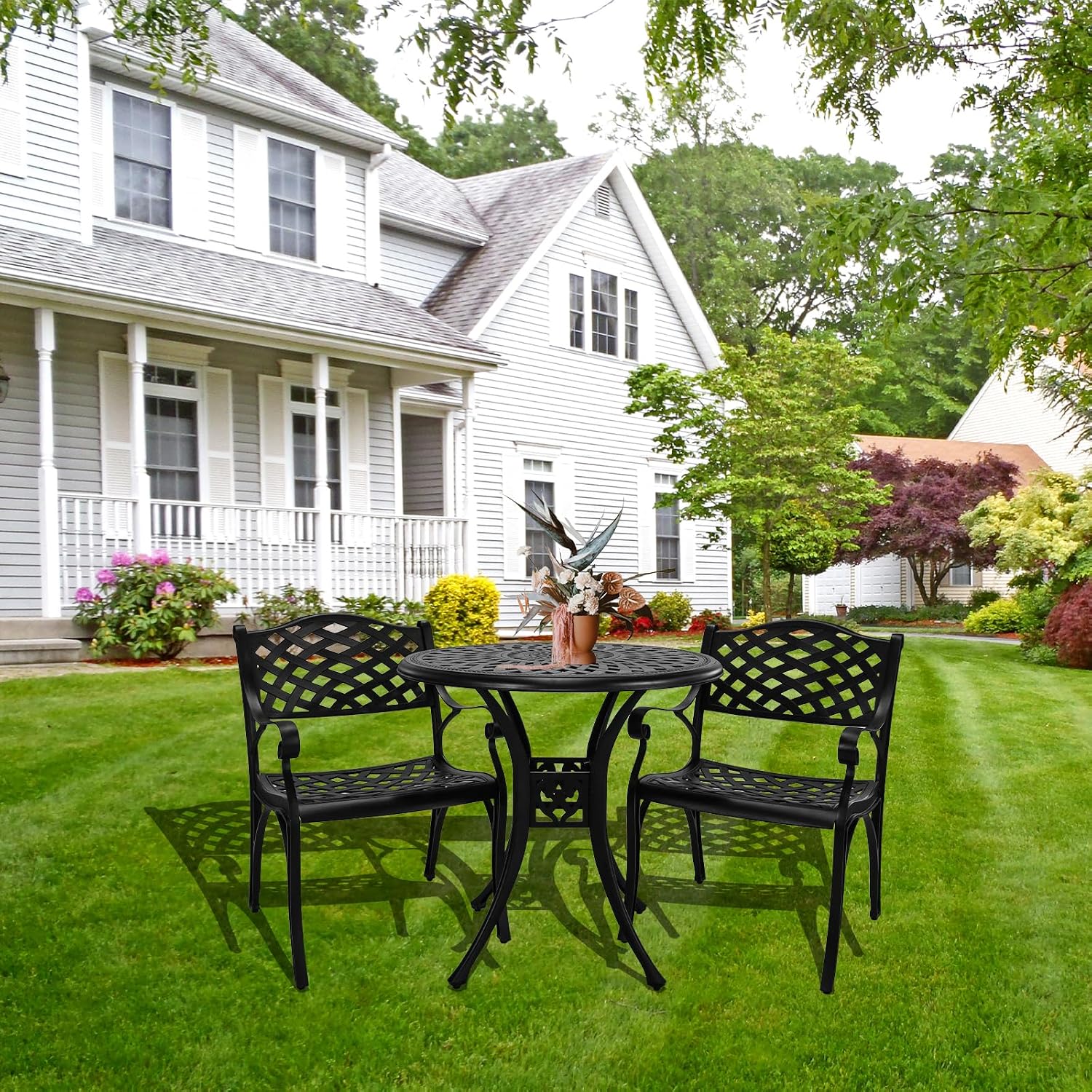 3 Piece Outdoor Dining Set,Cast Aluminum Bistro Set with Umbrella Hole, All Weather Patio Furniture Set, Small Patio Dining Set for Garden/Balcony/Deck, Black