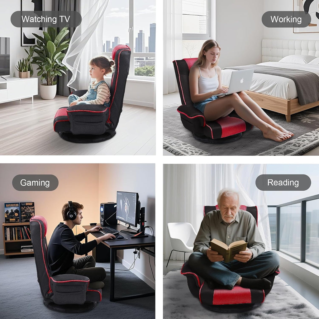 Swivel Floor Chairs for Adults, Floor Gaming Chair with Extra Wide Arms, Back Support 14 Angles Adjustable Comfortable Double Mesh Fabric Lazy Sofa for Video Game Chairs 201 (Black+Red)