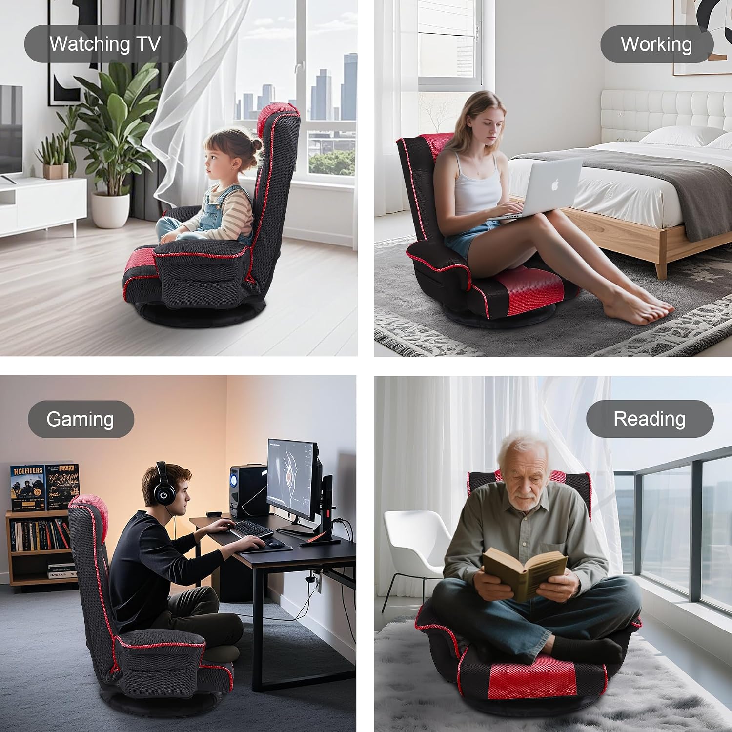 Swivel Floor Chairs for Adults, Floor Gaming Chair with Extra Wide Arms, Back Support 14 Angles Adjustable Comfortable Double Mesh Fabric Lazy Sofa for Video Game Chairs 201 (Black+Red)