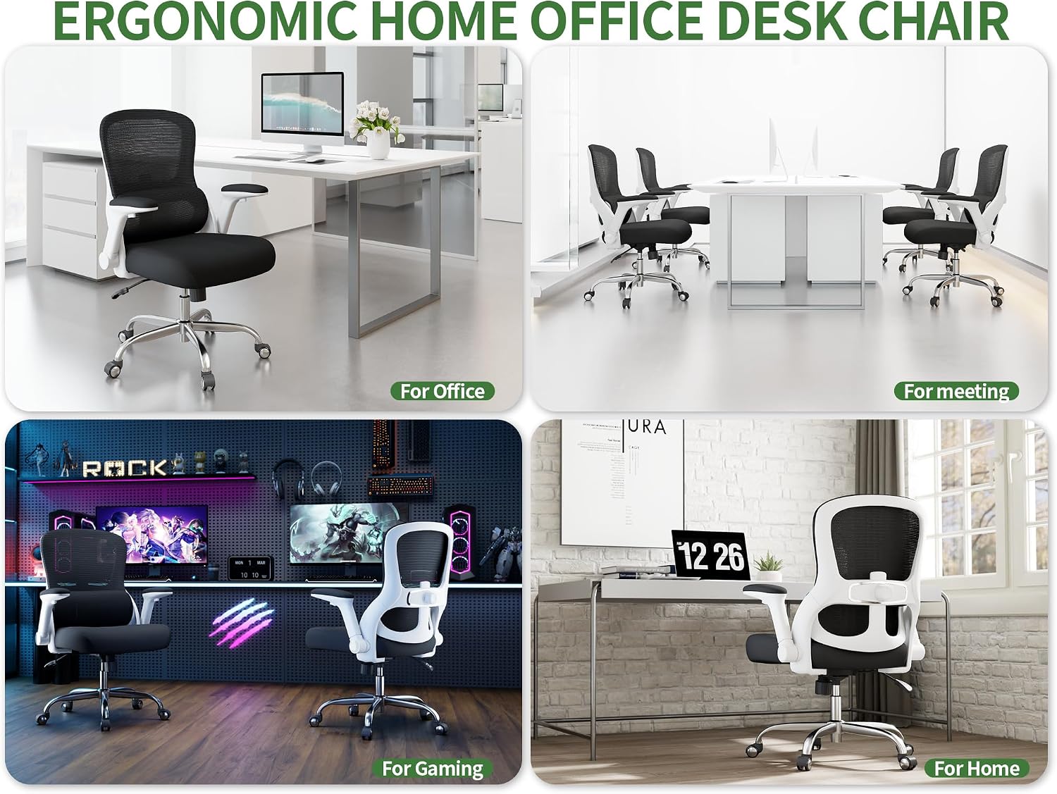 Ergonomic Office Chair - Computer Desk Chairs Comfy, Mesh High-Back Gaming Chair with Adjustable Lumbar Support, Executive Task Chair for Adults, Comfortable for Long Hours (White Black)