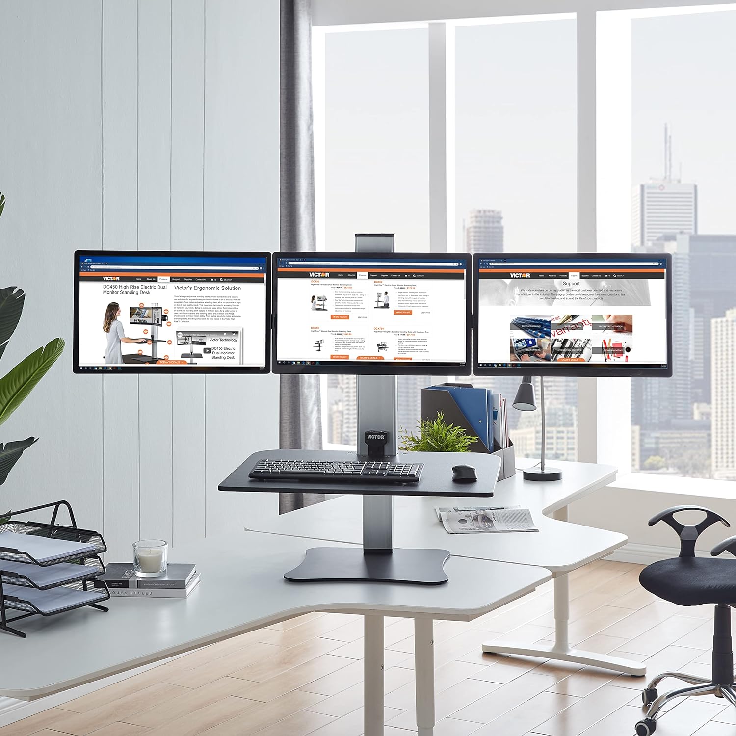 Victor DC475 High Rise Electric Triple Monitor Standing Desk Converter | Three Large Monitor Sit-Stand Desk | 28' Wide Work Surface | Compatible with Any Standard Desk | Adjustable Monitor Holder