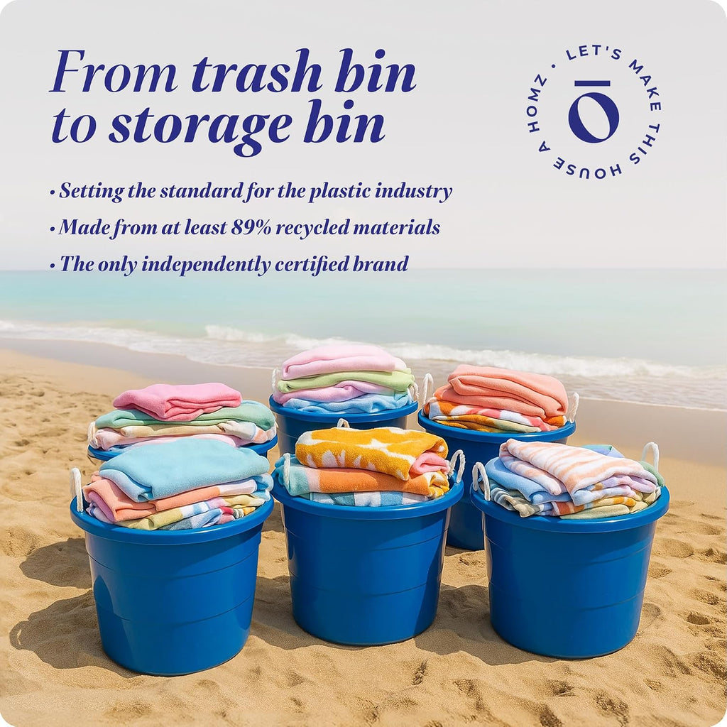 HOMZ 6-Pack Utility Tub, Large Plastic Storage Bucket with Rope Handles, 18 Gallon, Blue - Portable Indoor and Outdoor Buckets for Kitchen, Laundry, Garden, Bathroom, and Garage Organization