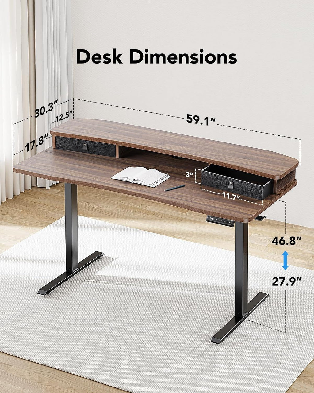 HUANUO 60″ x 30″ Electric Standing Desk with 2 Drawers, C-Clamp Mount Compatible, Height Adjustable Computer Desk, Home Office Stand Up Desk with 4 Preset Heights & 2 Hooks, Walnut