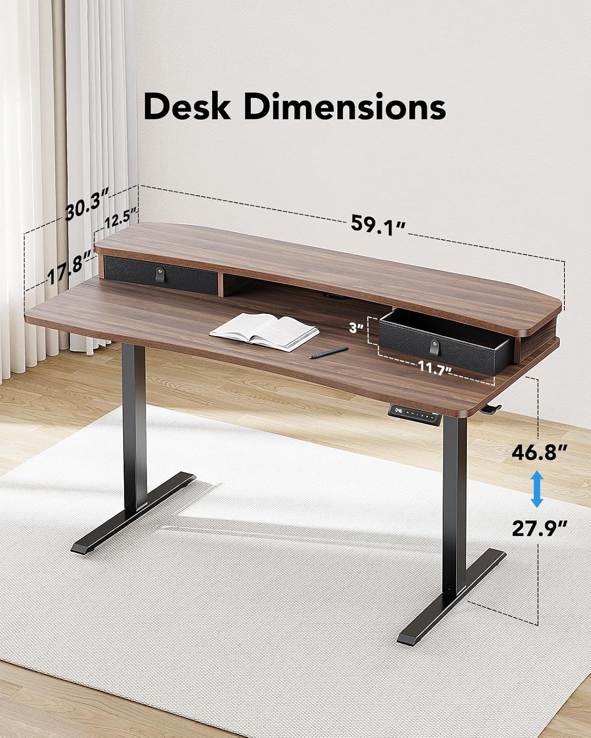 HUANUO 60″ x 30″ Electric Standing Desk with 2 Drawers, C-Clamp Mount Compatible, Height Adjustable Computer Desk, Home Office Stand Up Desk with 4 Preset Heights & 2 Hooks, Walnut