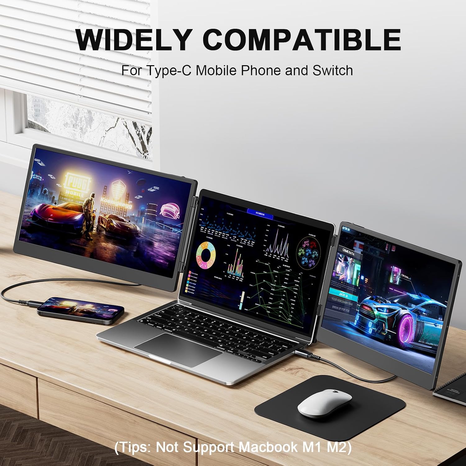 S3 Laptop Screen Extender, 14'' Triple Portable Monitor for Laptops Plug and Play, 1080P FHD IPS Laptop Monitor Extender for 13''-16.5'' Laptops Compatible with Windows, Chrome, Switch