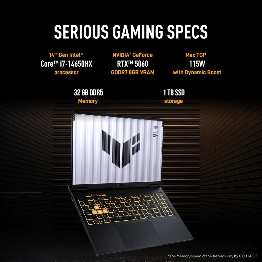 ASUS TUF F16 Gaming Laptop, 14th Gen Intel 16-Core i7-14650HX, NVIDIA RTX 5060 8GB GDDR7 GPU, 16' FHD+ 165Hz G-SYNC Display, 32 GB DDR5 RAM, 1 TB SSD, Wi-Fi 6E, RGB Backlit Keyboard, Windows 11 Pro