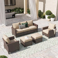 SUNSITT Outdoor Patio Furniture Set 5 Piece Wicker Conversation Set with Ottoman 3 Seat Sofa Couch with Club Chair, Brown Wicker & Beige Cushion