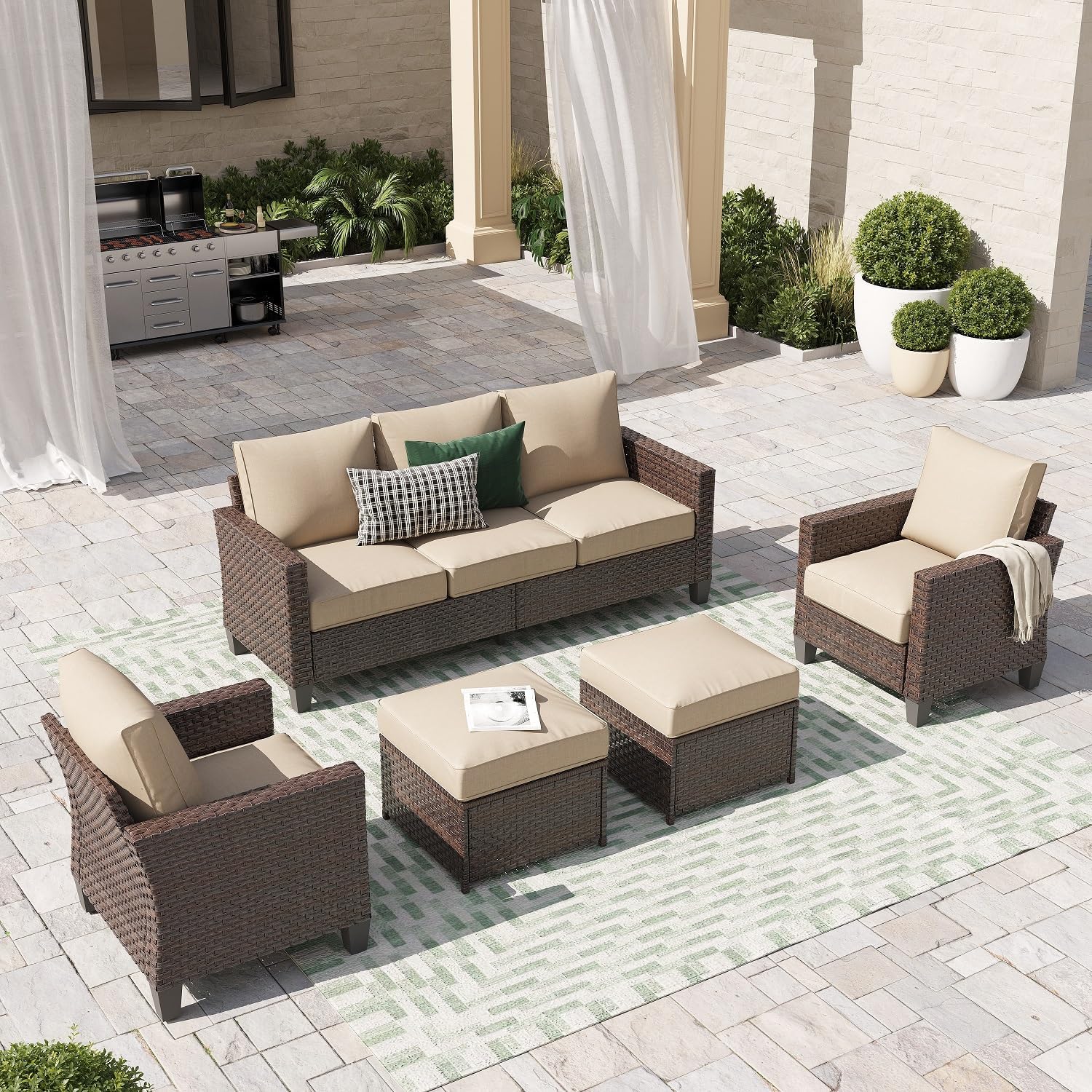 SUNSITT Outdoor Patio Furniture Set 5 Piece Wicker Conversation Set with Ottoman 3 Seat Sofa Couch with Club Chair, Brown Wicker & Beige Cushion