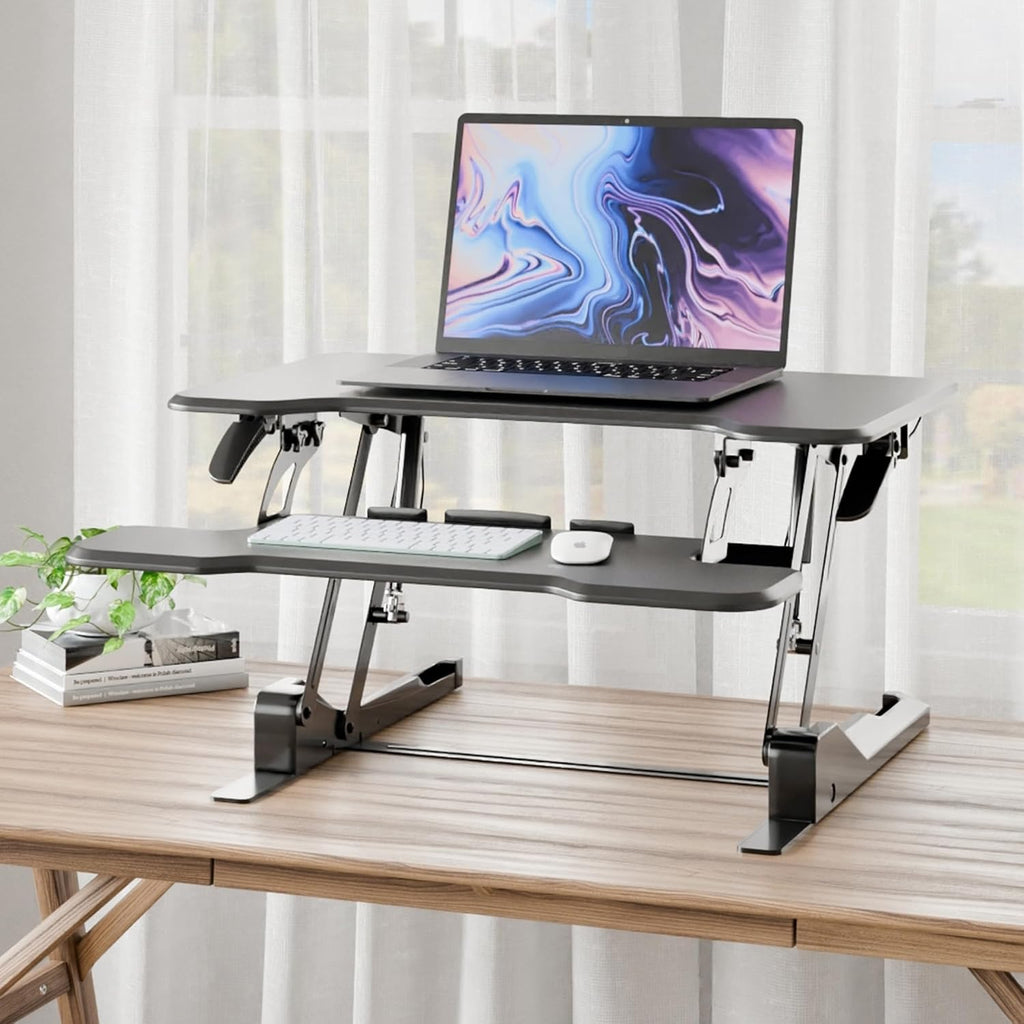 Mount-It! Height Adjustable Standing Desk Converter, Compact 30' Wide Tabletop Standing Desk Riser with Gas Spring, Desktop Stand Up Workstation with Keyboard Tray Fits Monitor or Laptop, Black