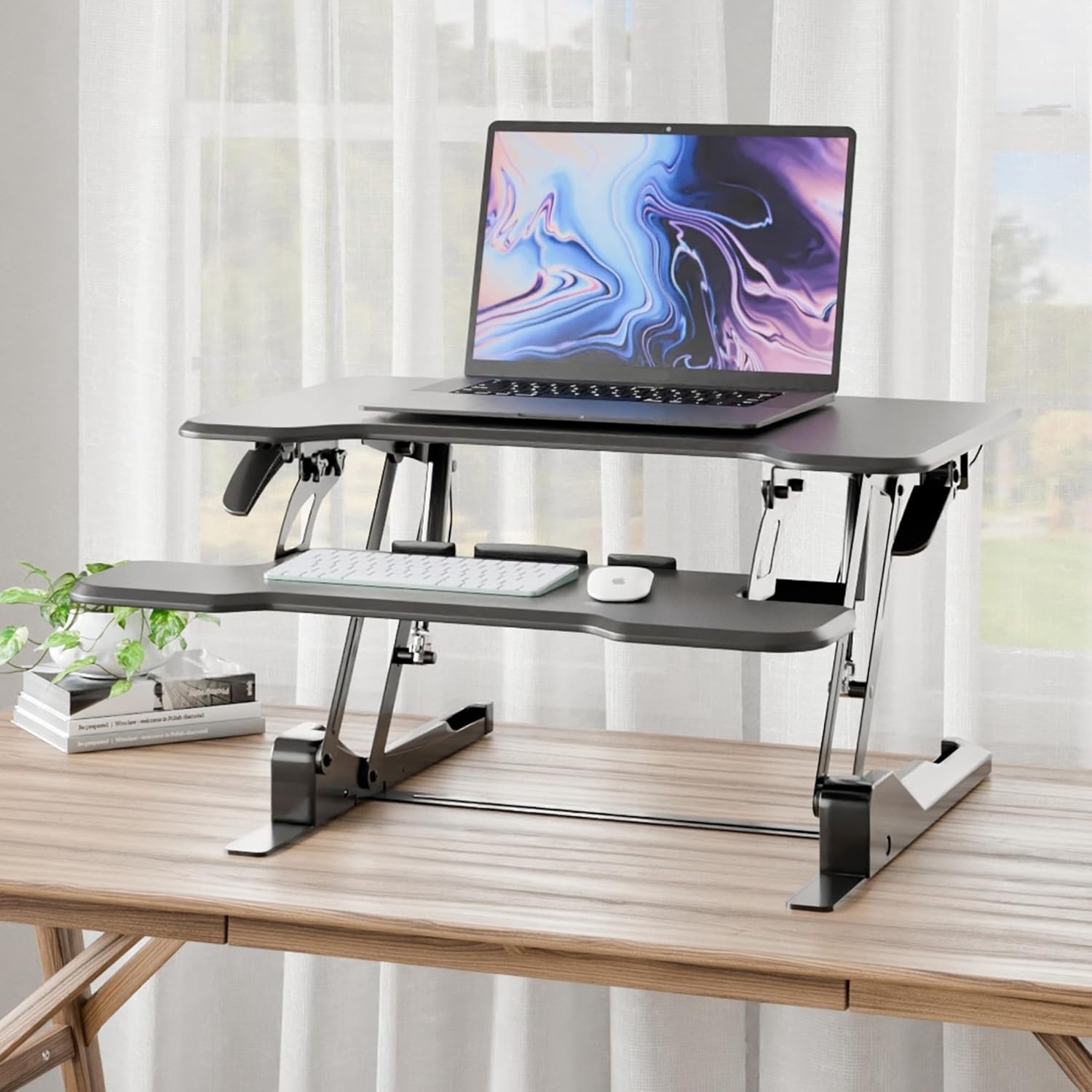 Mount-It! Height Adjustable Standing Desk Converter, Compact 30' Wide Tabletop Standing Desk Riser with Gas Spring, Desktop Stand Up Workstation with Keyboard Tray Fits Monitor or Laptop, Black