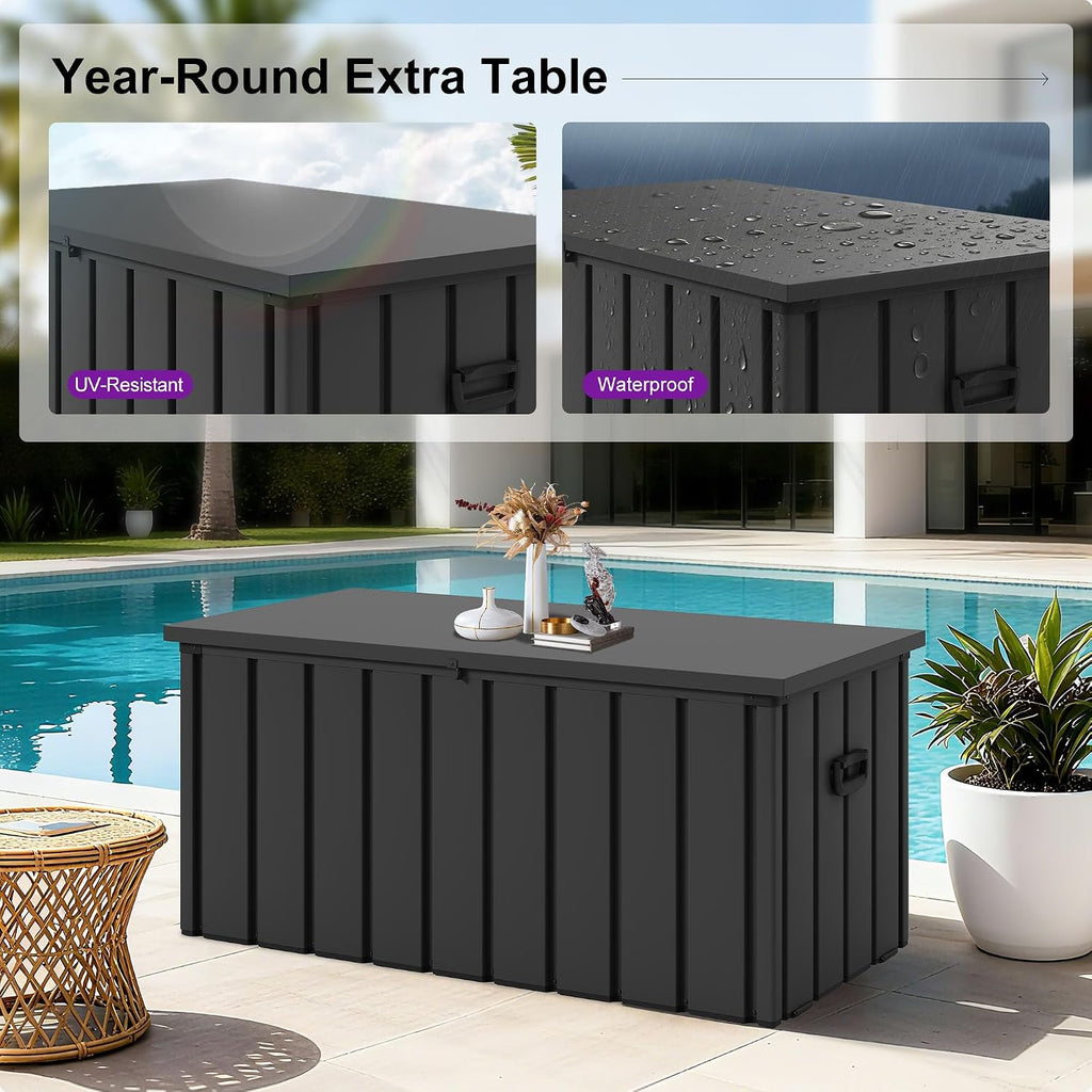 PURPLE LEAF Outdoor Deck Box 100 Gallon Waterproof Lockable Storage Box Container with Lid Deck Organization for Patio Cushions Side Table Pool Accessories Garden Tools, Gray