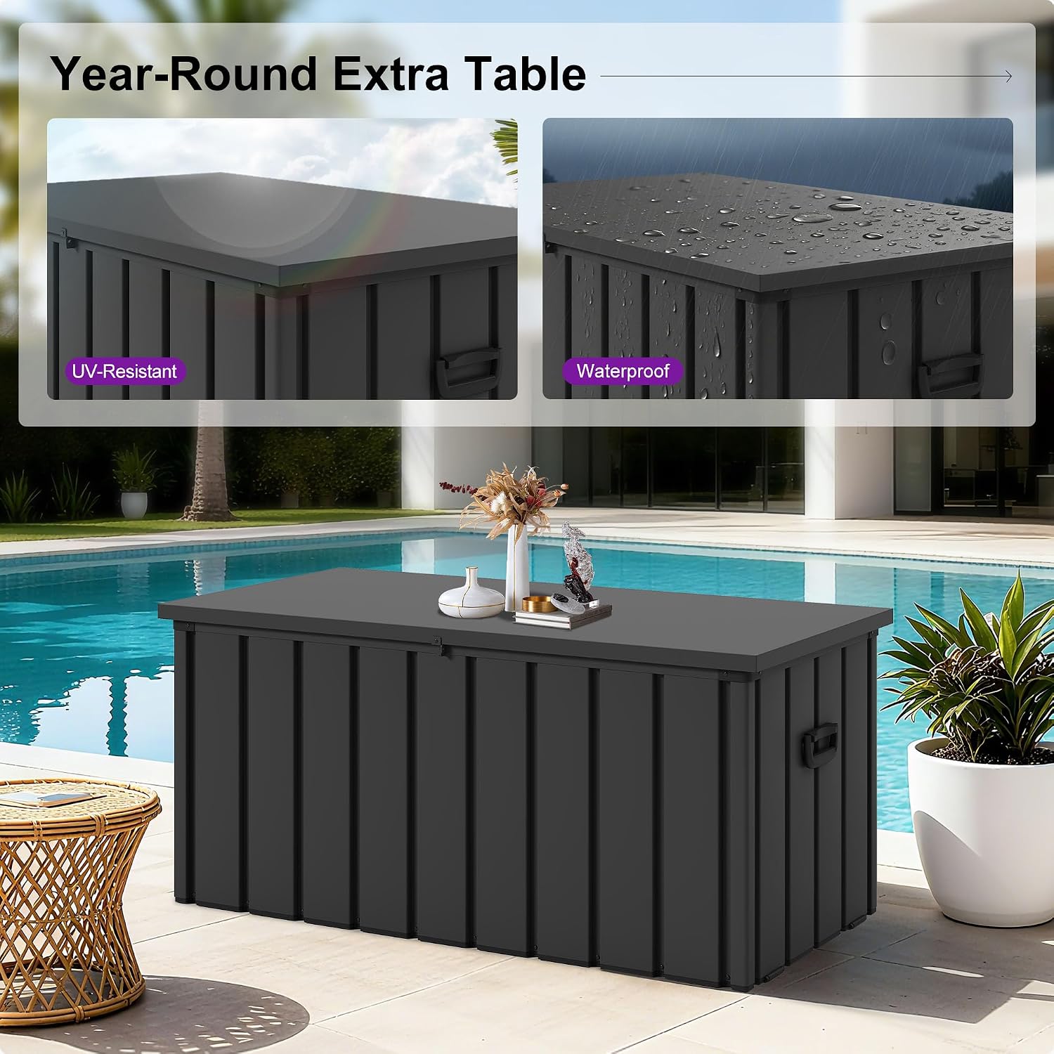 PURPLE LEAF Outdoor Deck Box 100 Gallon Waterproof Lockable Storage Box Container with Lid Deck Organization for Patio Cushions Side Table Pool Accessories Garden Tools, Gray