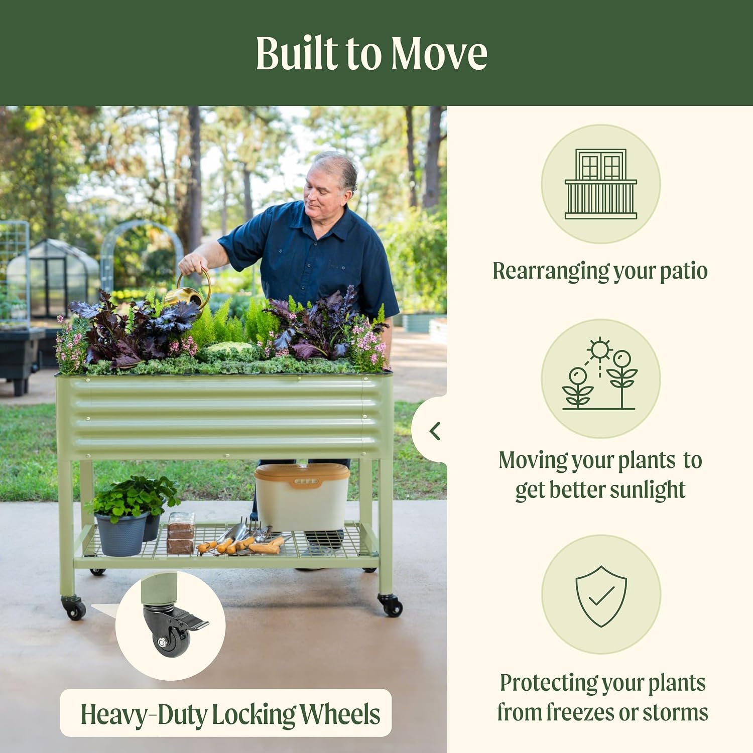 Rolling Elevated Raised Garden Bed-V Series, 2' x 6' Garden Beds with Legs & Storage Rack for Patio & Porch, 1000 Lbs Weight Capacity, Outdoor Planter Box for Vegetables Flower Herbs, Olive Green