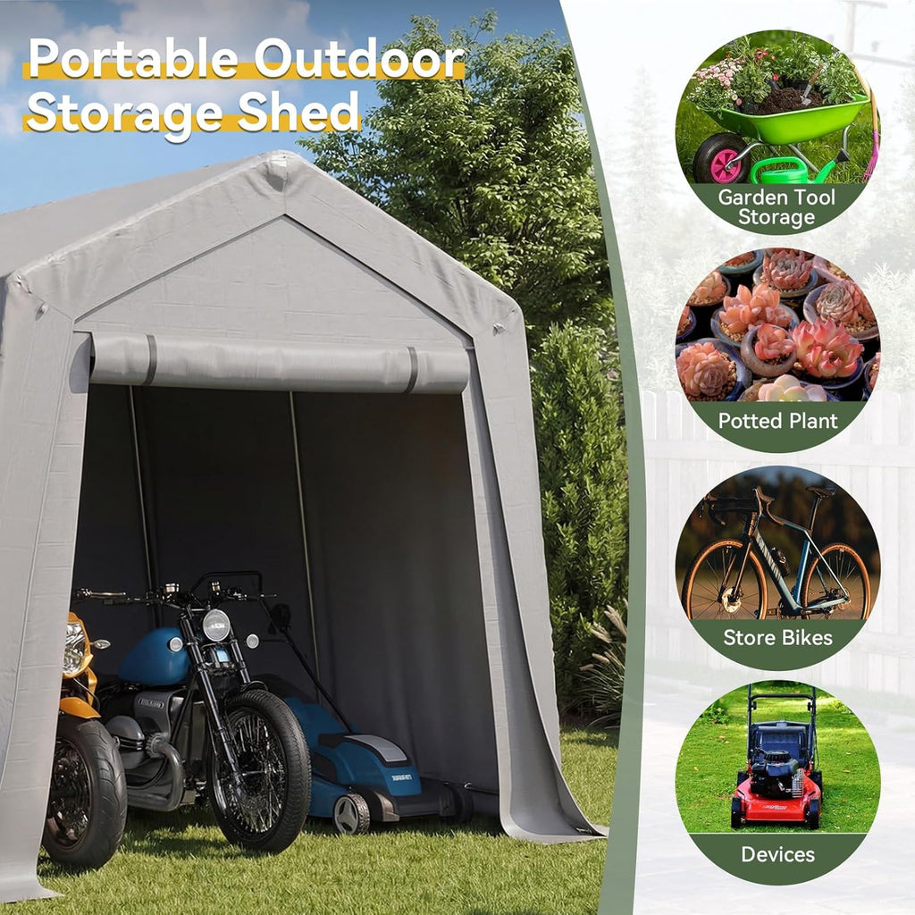Aoxun 10x10 FT Outdoor Portable Storage Shed Tent with Roll-up Zipper Door and Window Portable Carport with Waterproof Tarp Galvanized Steel for Motorcycle, Generator, Bike Storage (Gray)