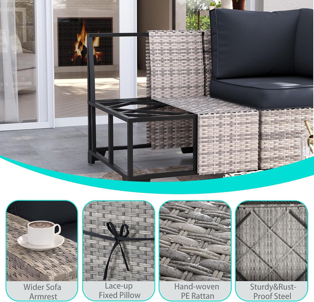 11 PCS Outdoor Patio Furniture Set with Wicker Swivel Rocker Chairs Sectional Sofa Set, Patio Conversation Set with Ottomans & Coffee Table for Garden, Backyard, Poolside, Dark Grey
