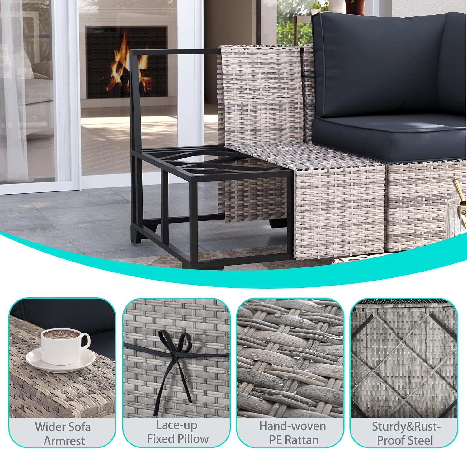 11 PCS Outdoor Patio Furniture Set with Wicker Swivel Rocker Chairs Sectional Sofa Set, Patio Conversation Set with Ottomans & Coffee Table for Garden, Backyard, Poolside, Dark Grey