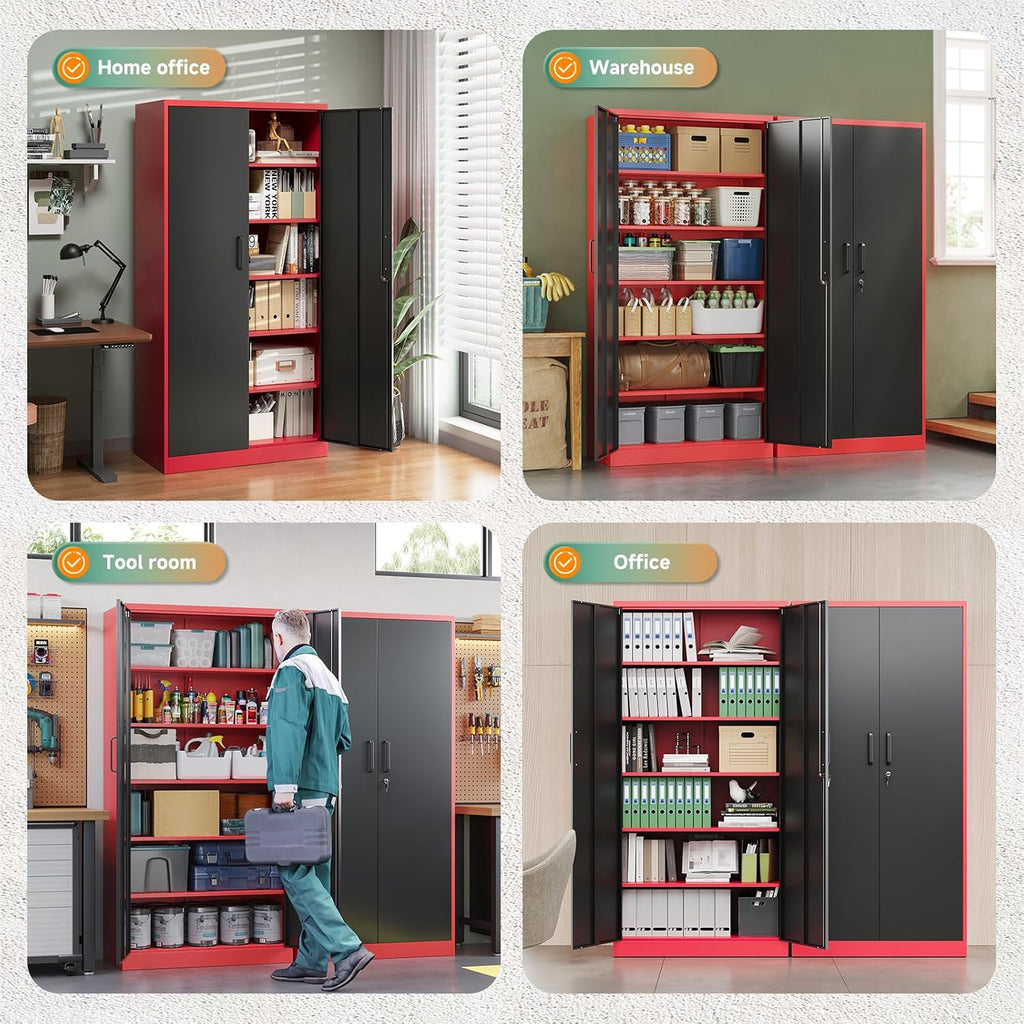 Letaya Metal Garage Storage Cabinets with Lock, 71' Tall Locker Organizer Steel Tool Cabinets,5 Adjustable Shelves 2 Doors for Home Office, Warehouse,Garage,Industrial,Employee (Black Red)