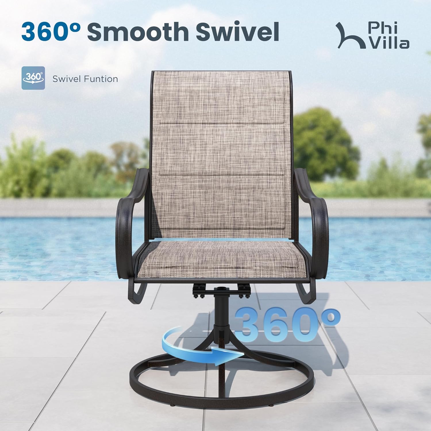 PHI VILLA 5 PCS Patio Dining Set with 4 Padded Outdoor Swivel Dining Chairs and 37'x 37' Premium PVC Table Top Dining Table(1.57' Umbrella Hole), Outdoor Dining Table & Chair Set for Deck Lawn Garden