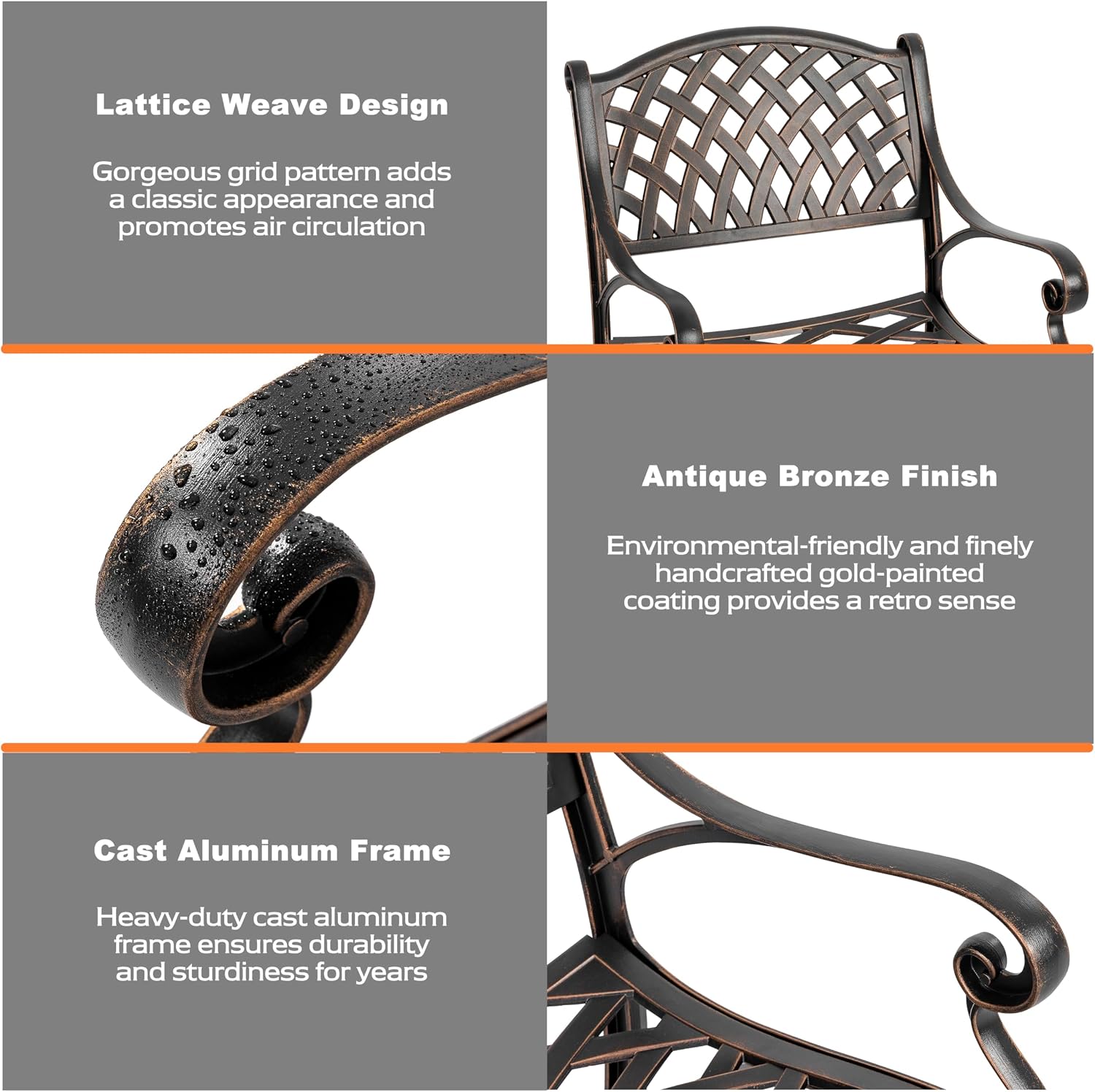 NUU GARDEN 5 Piece Outdoor Patio Dining Set, Cast Aluminum Round Dining Table with Umbrella Hole and Patio Dining Chairs for Patio, Garden, Backyard, Balcony, Black with Bronze Edge