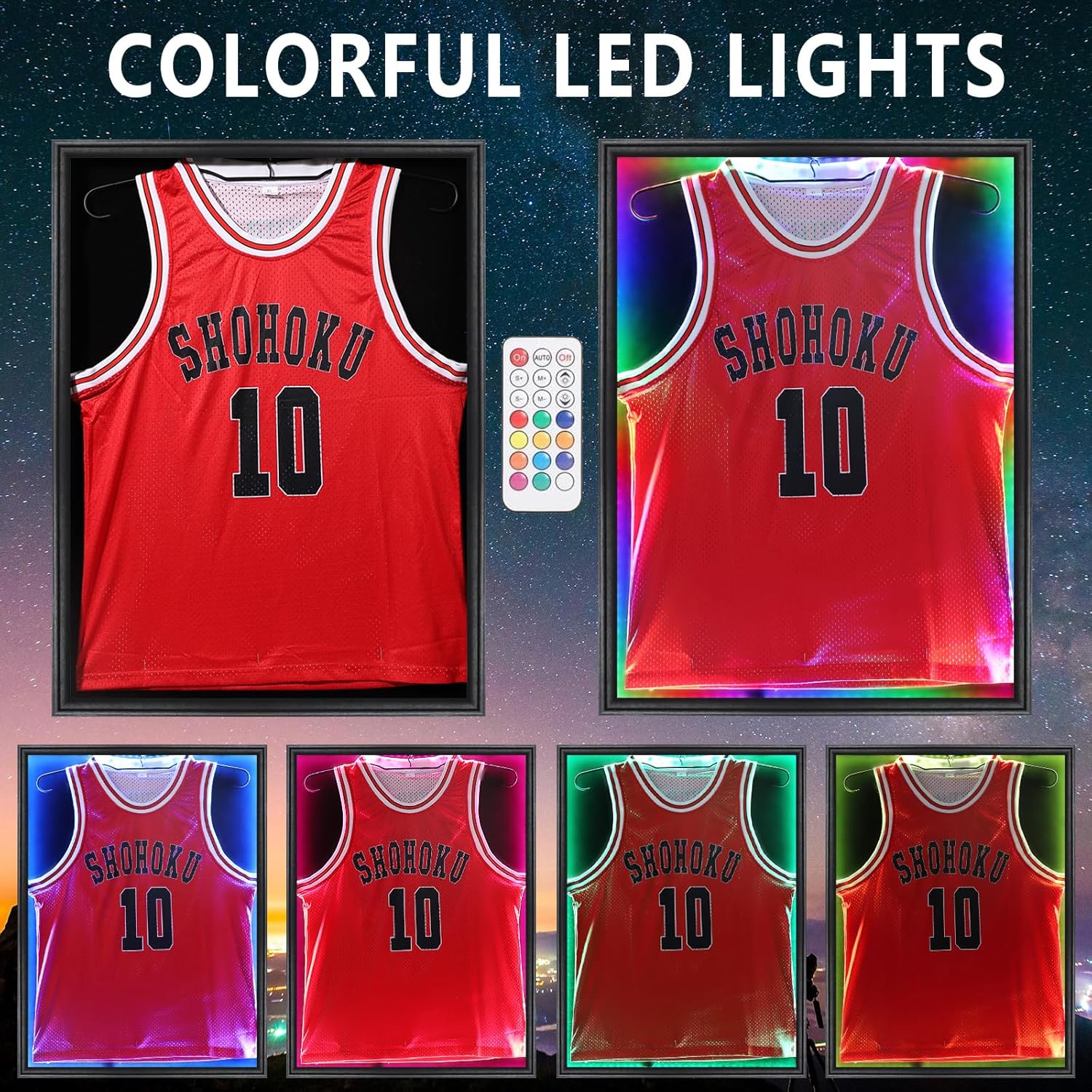 Grintus Jersey Frame Display Case,Lockable With Colorful Led Lights Display Box For Jersey Display With UV Protection Acrylic And Hanger For Baseball Basketball Football Hockey Sport Shirt,Black-3Pack