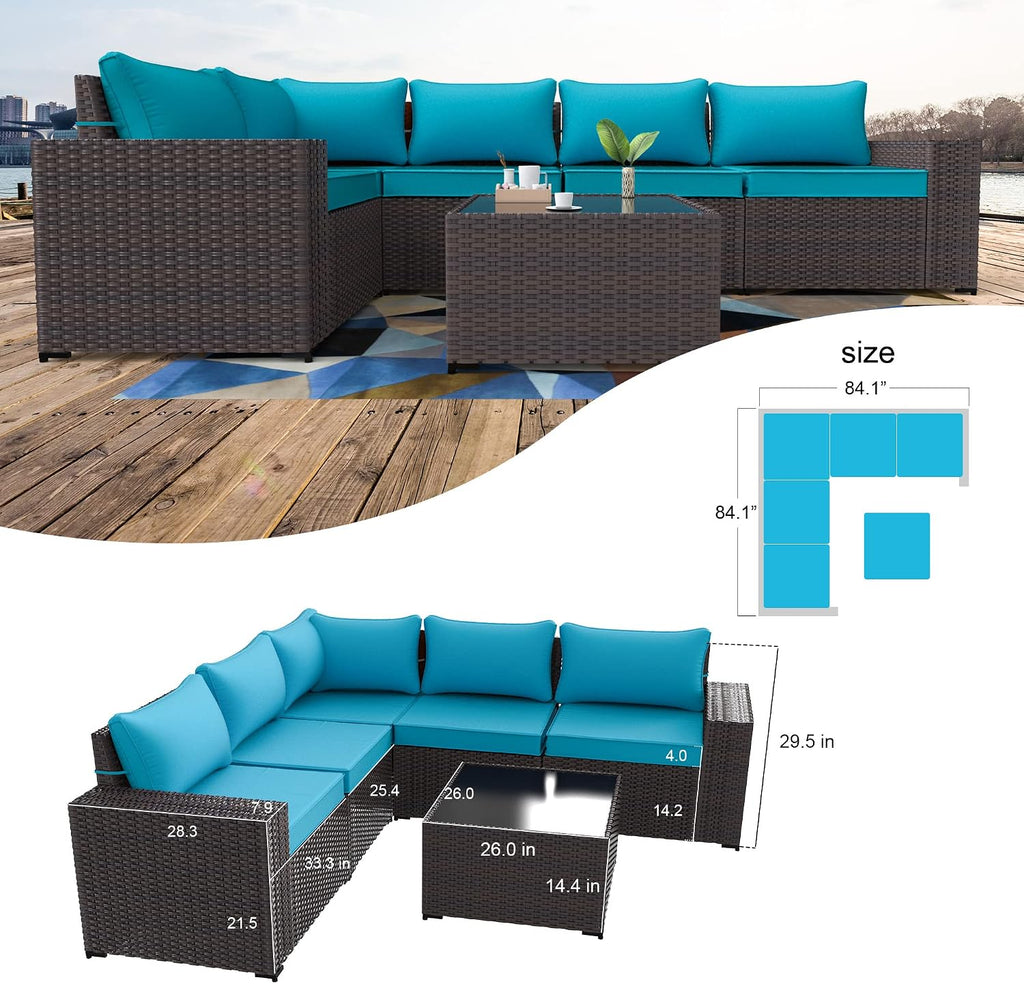 Kullavik Outdoor Patio Furniture Set 6 Pieces Sectional Rattan Sofa Set Brown PE Rattan Wicker Patio Conversation Set with 5 Seat Cushions and 1 Tempered Glass Table, Turquoise Blue