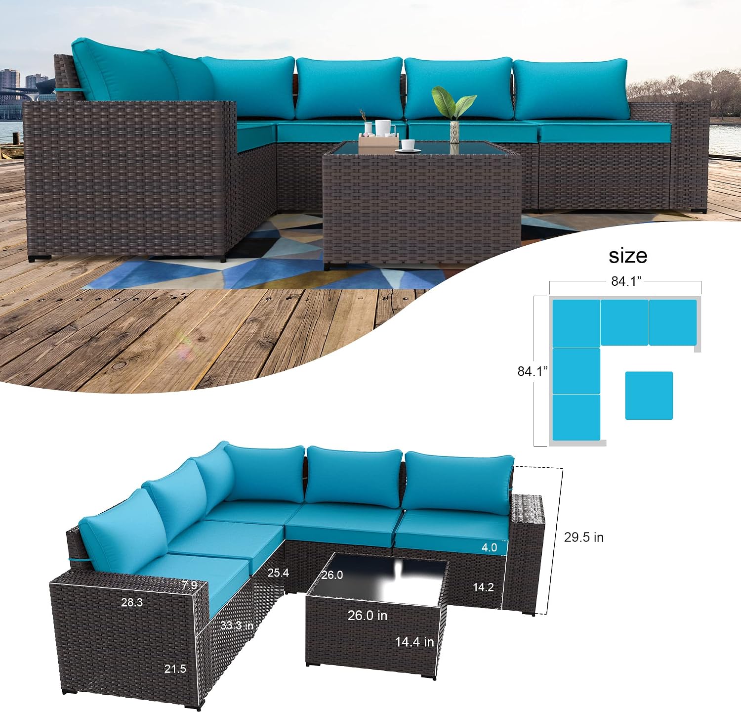 Kullavik Outdoor Patio Furniture Set 6 Pieces Sectional Rattan Sofa Set Brown PE Rattan Wicker Patio Conversation Set with 5 Seat Cushions and 1 Tempered Glass Table, Turquoise Blue