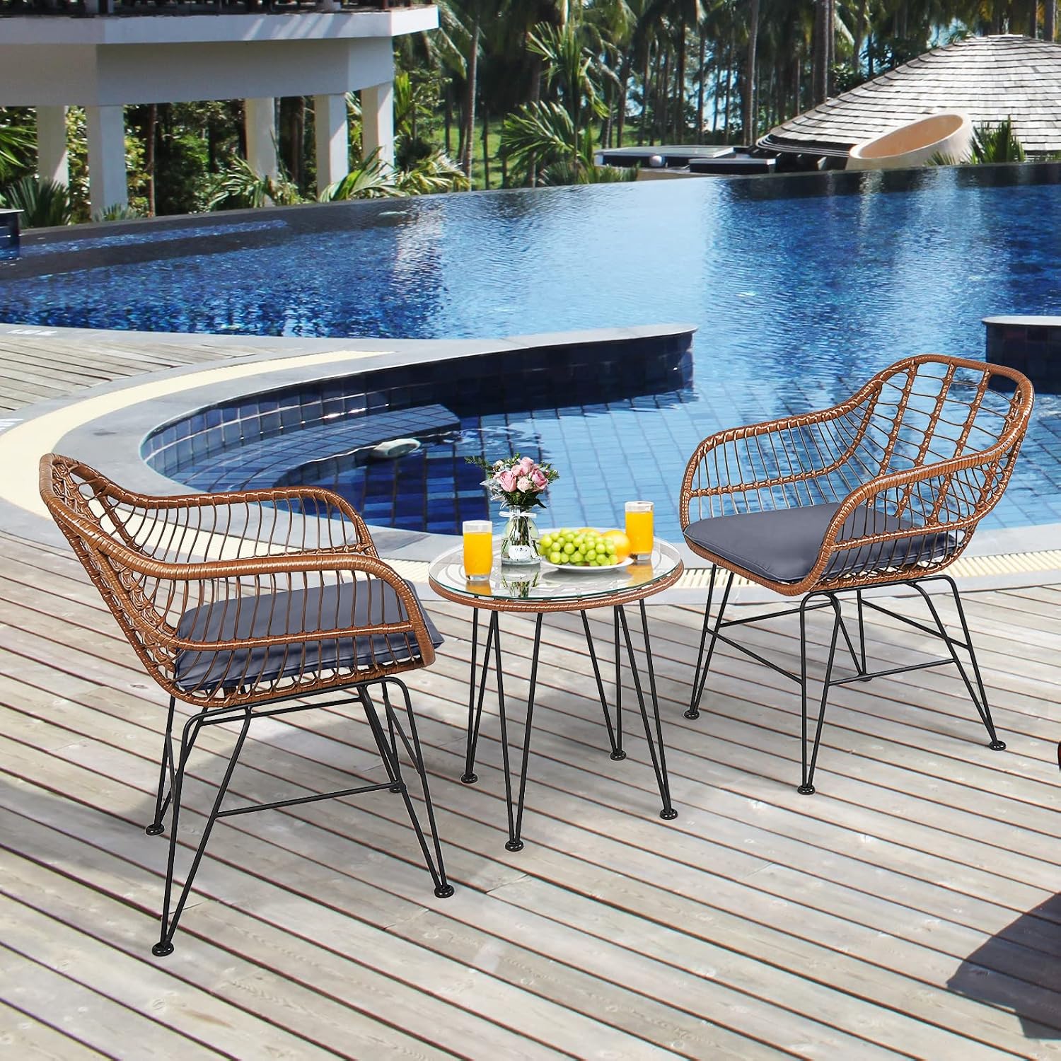 COSTWAY 3 Pieces Patio Bistro Set, Outdoor Rattan Conversation Seating Chair Set with Coffee Table & Soft Cushions, Indoor Wicker Furniture Set for Garden, Balcony, Porch, Pool, Gray