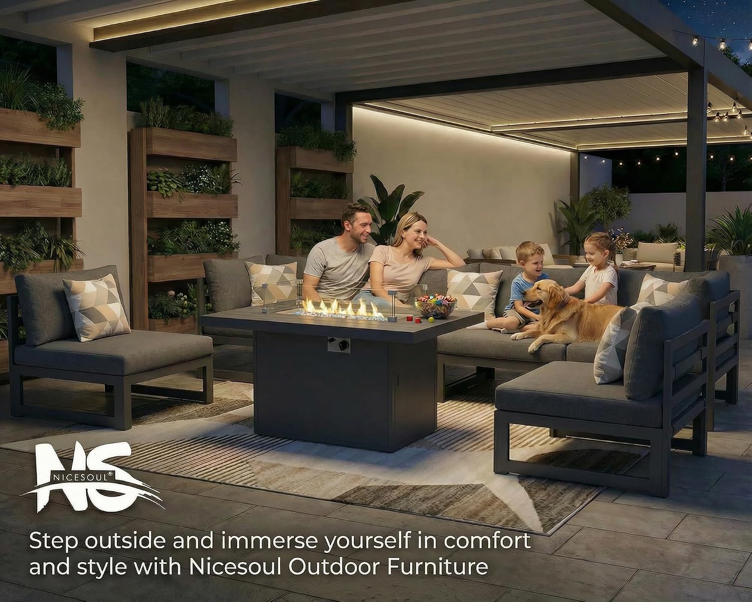 NICESOUL 9 Piece Luxury Aluminum Outdoor Sectional Sofa with Chaise Lounge & Firepit, Large Modular Patio Furniture Set, 29' Deep Wide Seating, 500 lbs Heavy Duty Conversation Set for Deck, Dark Gray
