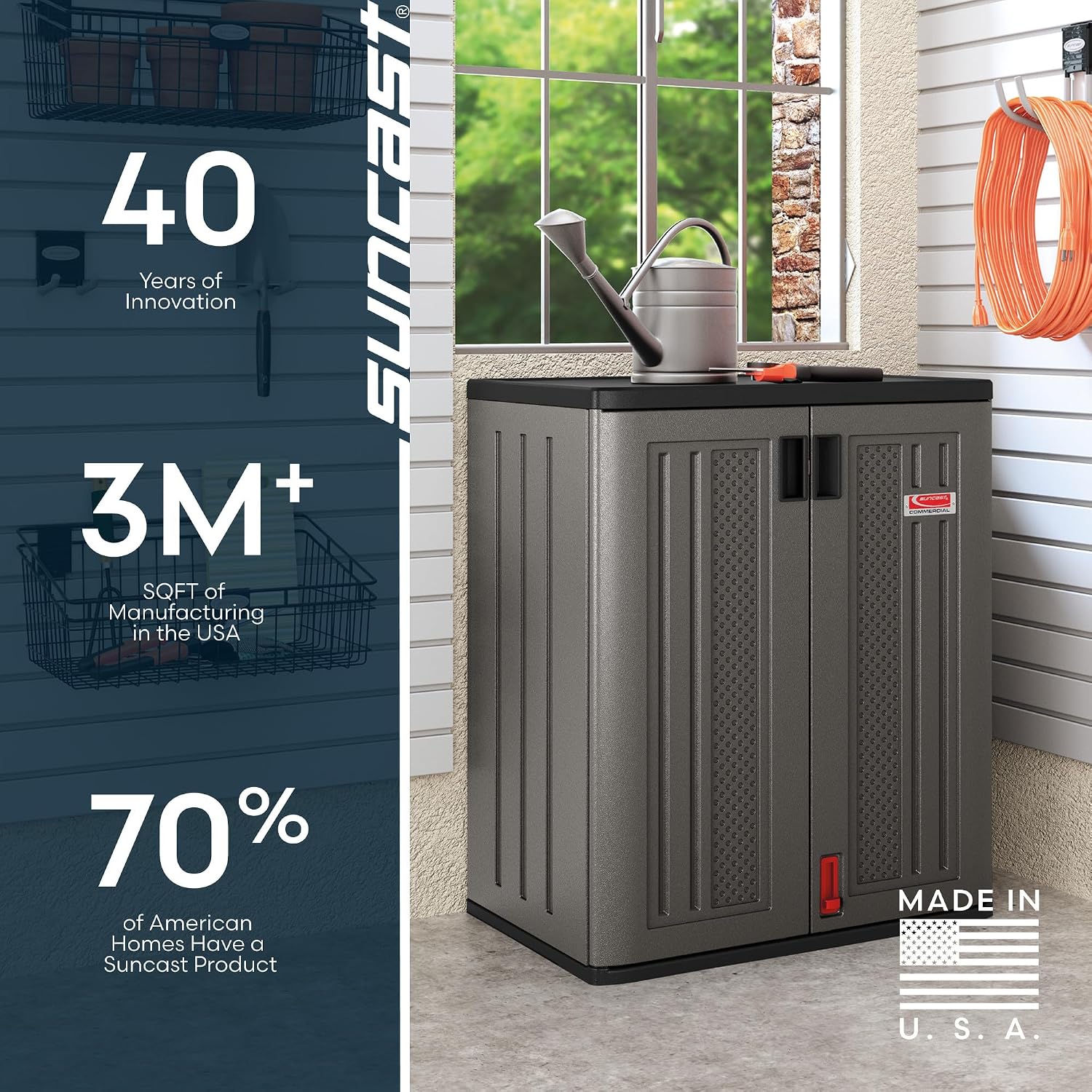 Suncast Heavy-Duty Resin Outdoor Storage Cabinet, 30' W x 20.25' D x 36' H Dark Grey Base Garage Storage Cabinet with Lockable Doors and Metal Reinforced Shelves, Made in The USA