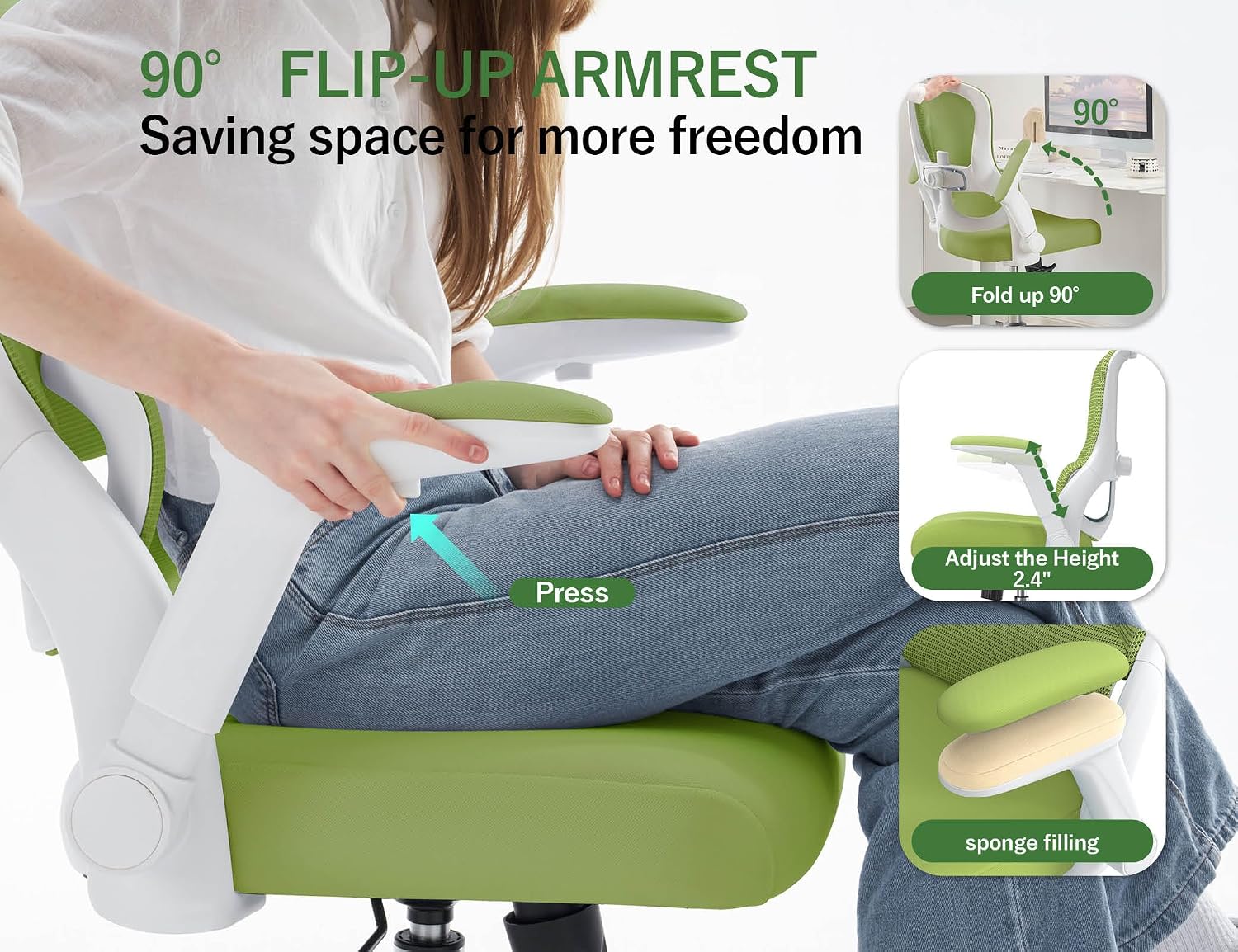 Office Chair Ergonomic Desk Chair Comfy: 400LBS Mesh Computer Chair Ergonomic Gaming Chairs with Wheels Adjustable Lumbar Support and Flip up Armrest-Swivel Executive Chairs Long Hours(Green)