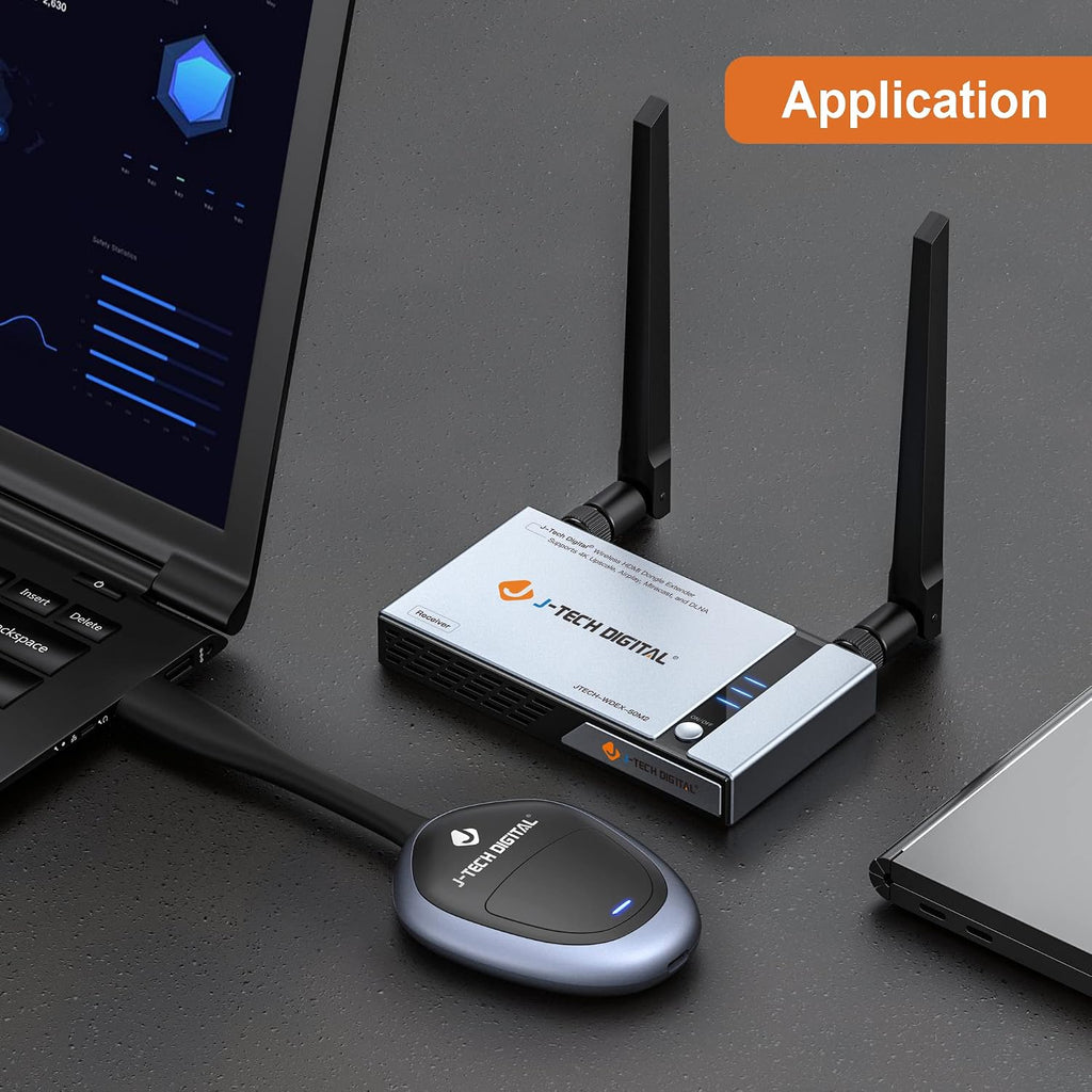 J-Tech Digital HDMI Wireless Extender Dongle Adapter Kit 1080p 98 Feet w/Airplay, Smart View, Miracast & 4K Upscale [JTECH-WDEX-50M2]