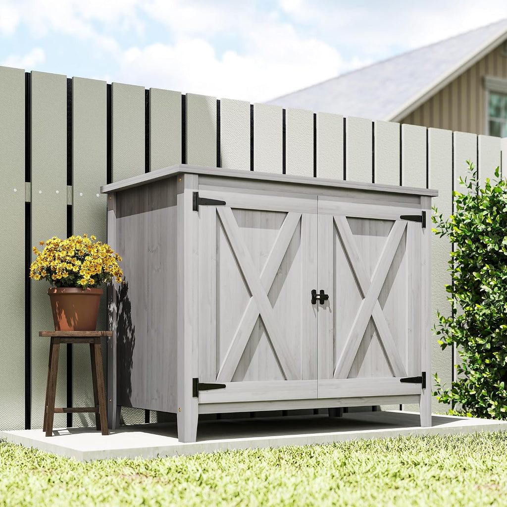 Outsunny Wood Garden Shed, Compact Outdoor Storage Cabinet Potting Shed with Inner Shelf and Double Doors for Backyard, Patio, Lawn, Light Gray