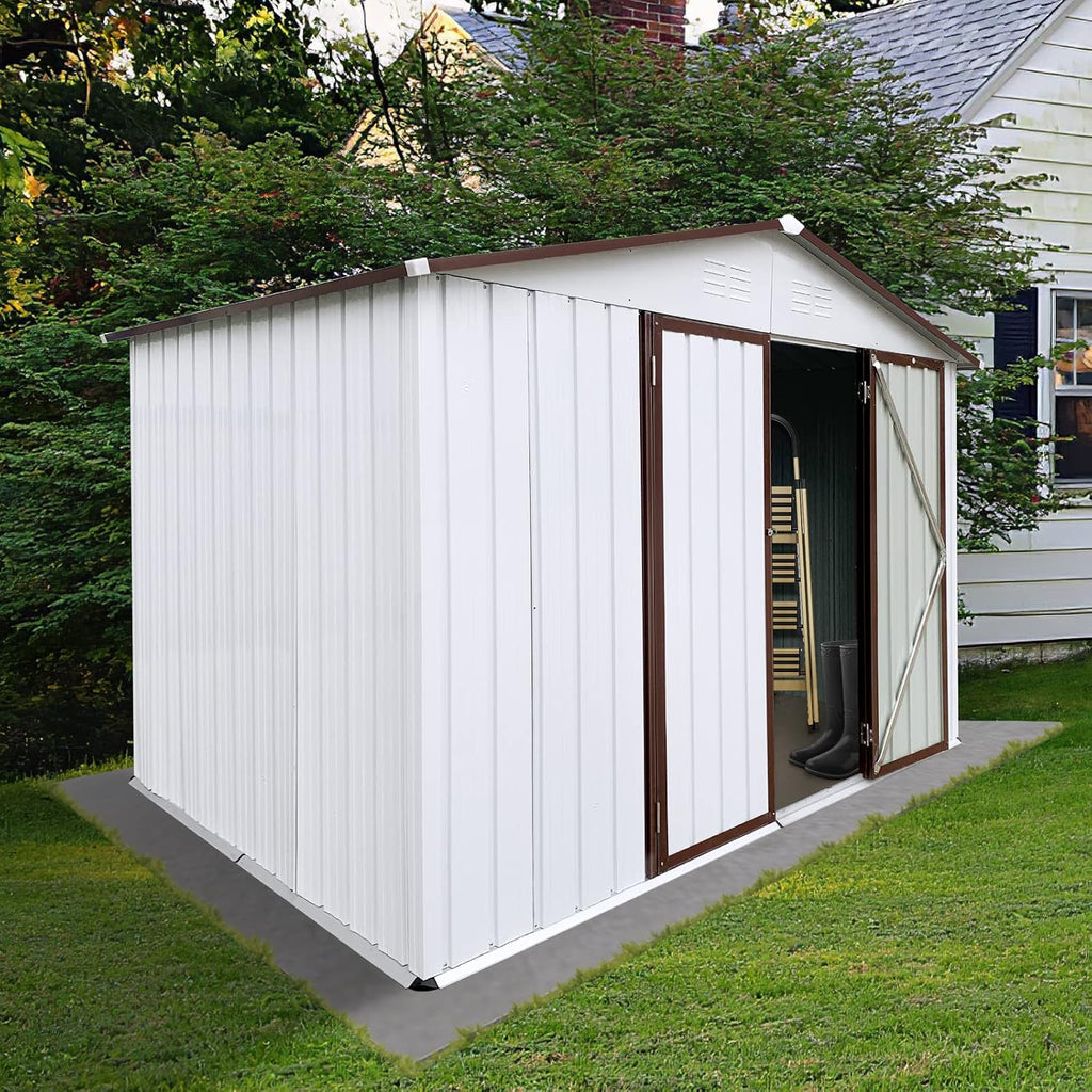 10x12 FT Sheds & Outdoor Storage,Metal Aluminum Garden Shed,with Punched Vents,Waterproof Cabinet w/Hinged Door and Padlock,Tool House for Storing Bicycles,Lawnmowers,Barbeques,White+Grey