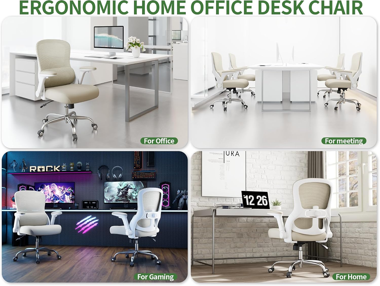 Ergonomic Office Chair - Home Office Desk Chairs Comfy, Computer Chair Ergonomic, Office Chairs with Lumbar Support, Executive Task Chair for Adults, Comfortable for Long Hours (White Beige)