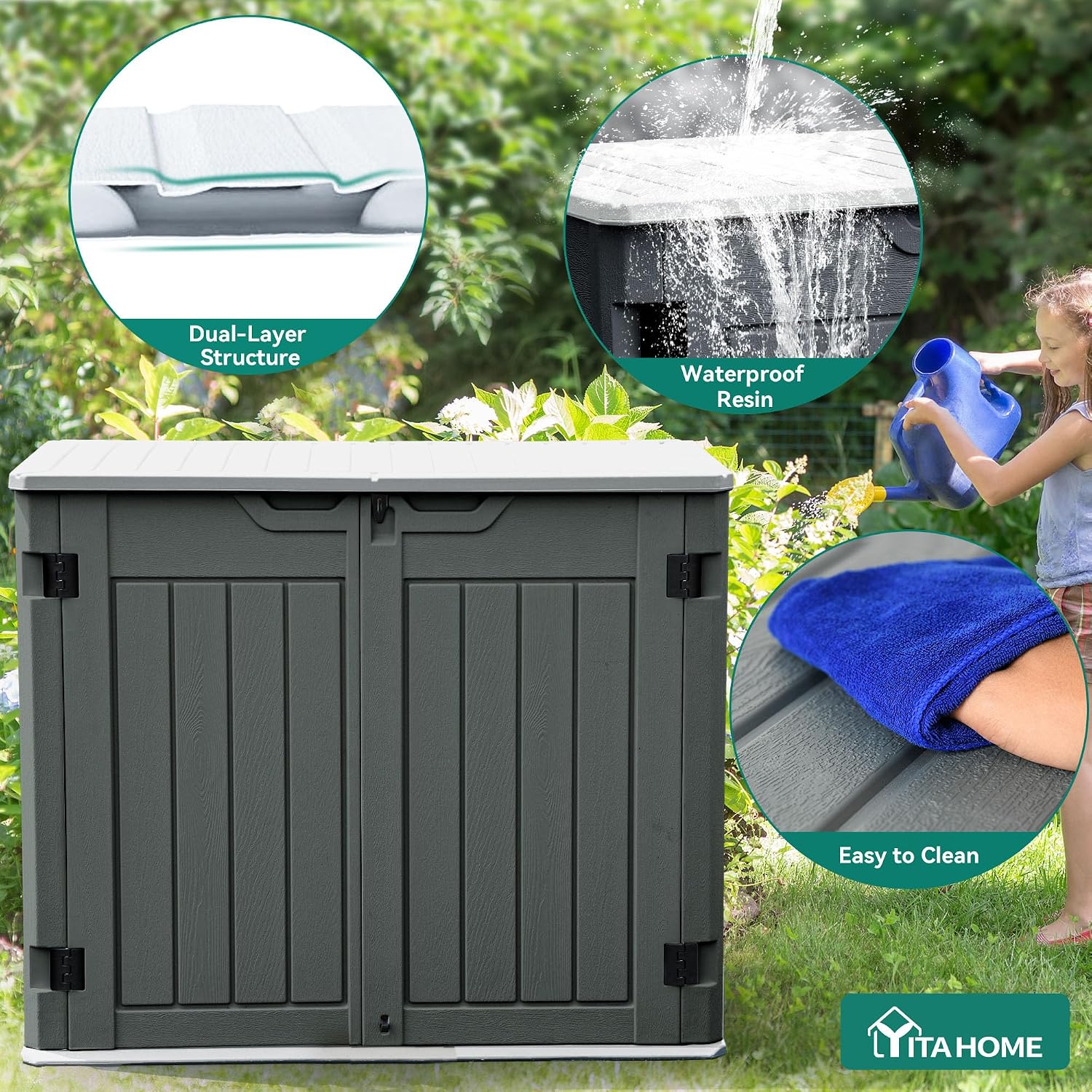 YITAHOME Large Outdoor Horizontal Storage Shed, 47 cu ft Resin Tool Shed w/o Shelf, Waterproof Outdoor Storage with Floor for Trash Cans, Garden Tools, Lawn Mower, Lockable, 4.5x2.8x3.9 ft, Dark Gray