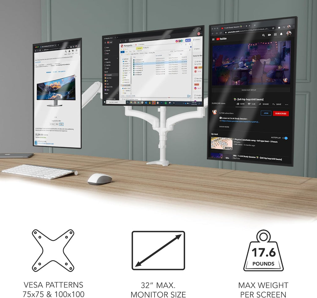 Mount-It! Triple Monitor Stand for Desk, 3 Arm Monitor Mount with Gas Spring Height Adjustment, Fits 13–32 Inch Screens up to 17.6 lbs per Arm, VESA 75x75 & 100x100, Clamp-On Desk Installation, White