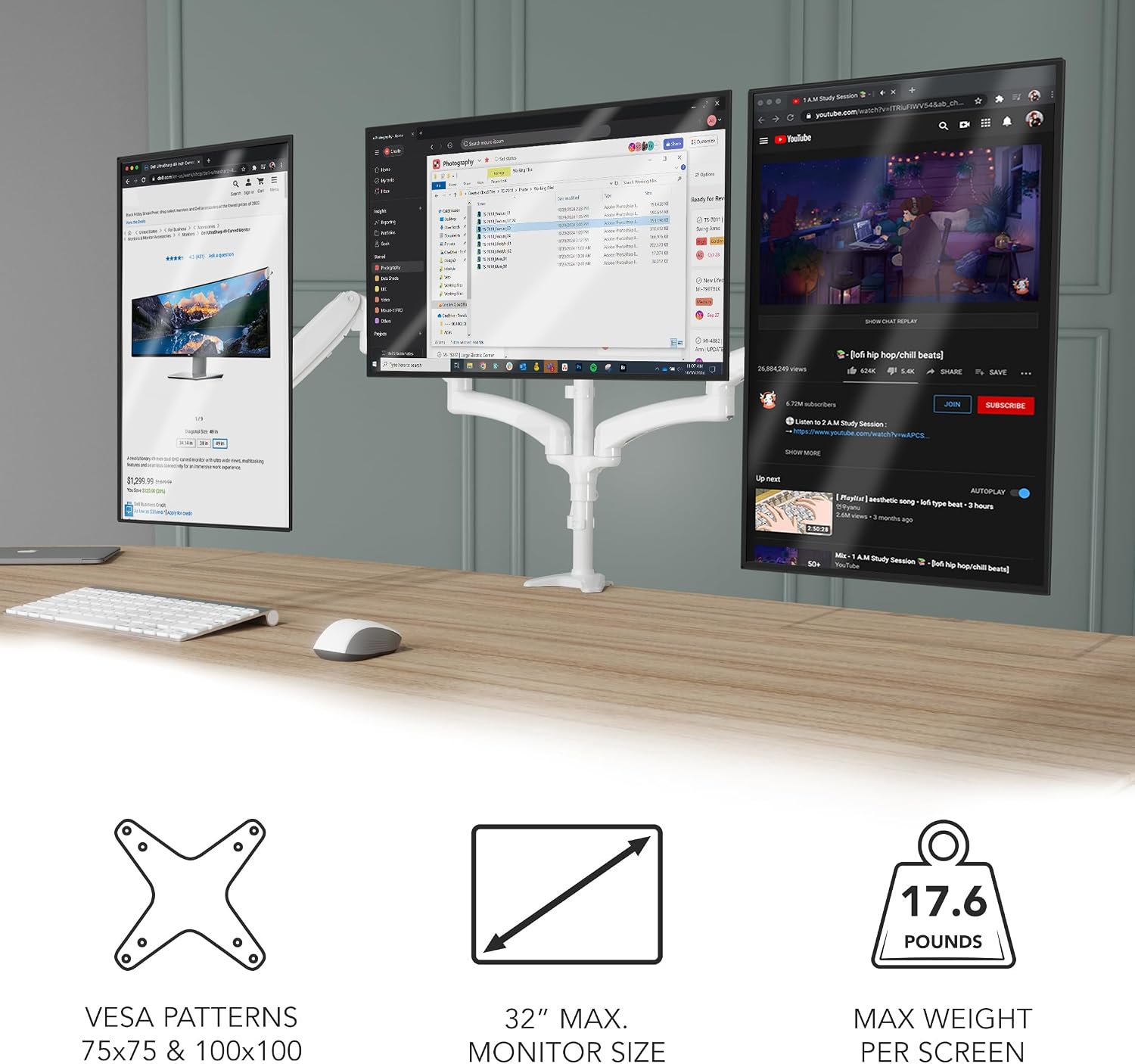 Mount-It! Triple Monitor Stand for Desk, 3 Arm Monitor Mount with Gas Spring Height Adjustment, Fits 13–32 Inch Screens up to 17.6 lbs per Arm, VESA 75x75 & 100x100, Clamp-On Desk Installation, White
