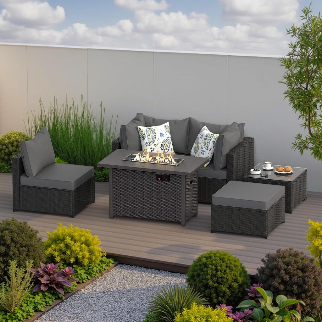 Patio Furniture Set with Fire Pit Table, 6PCS Outdoor Conversation Sets Waterproof Rattan Sectional Sofa with 4' Thickened Cushion Modular Wicker Patio Furniture Set with Glass Top Table (Grey)
