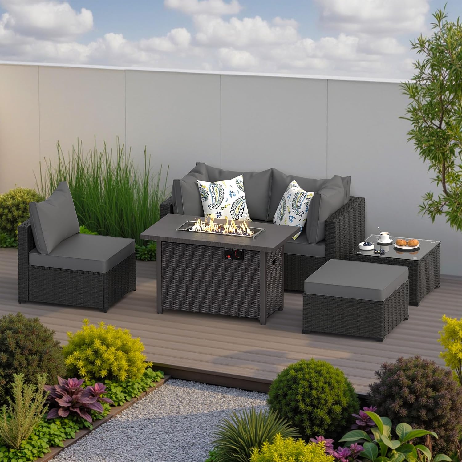 Patio Furniture Set with Fire Pit Table, 6PCS Outdoor Conversation Sets Waterproof Rattan Sectional Sofa with 4' Thickened Cushion Modular Wicker Patio Furniture Set with Glass Top Table (Grey)